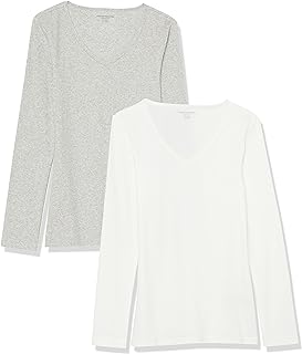 Women's Slim-Fit Layering Long Sleeve Knit Rib V-Neck Shirts (Available in Plus Size), Pack of 2