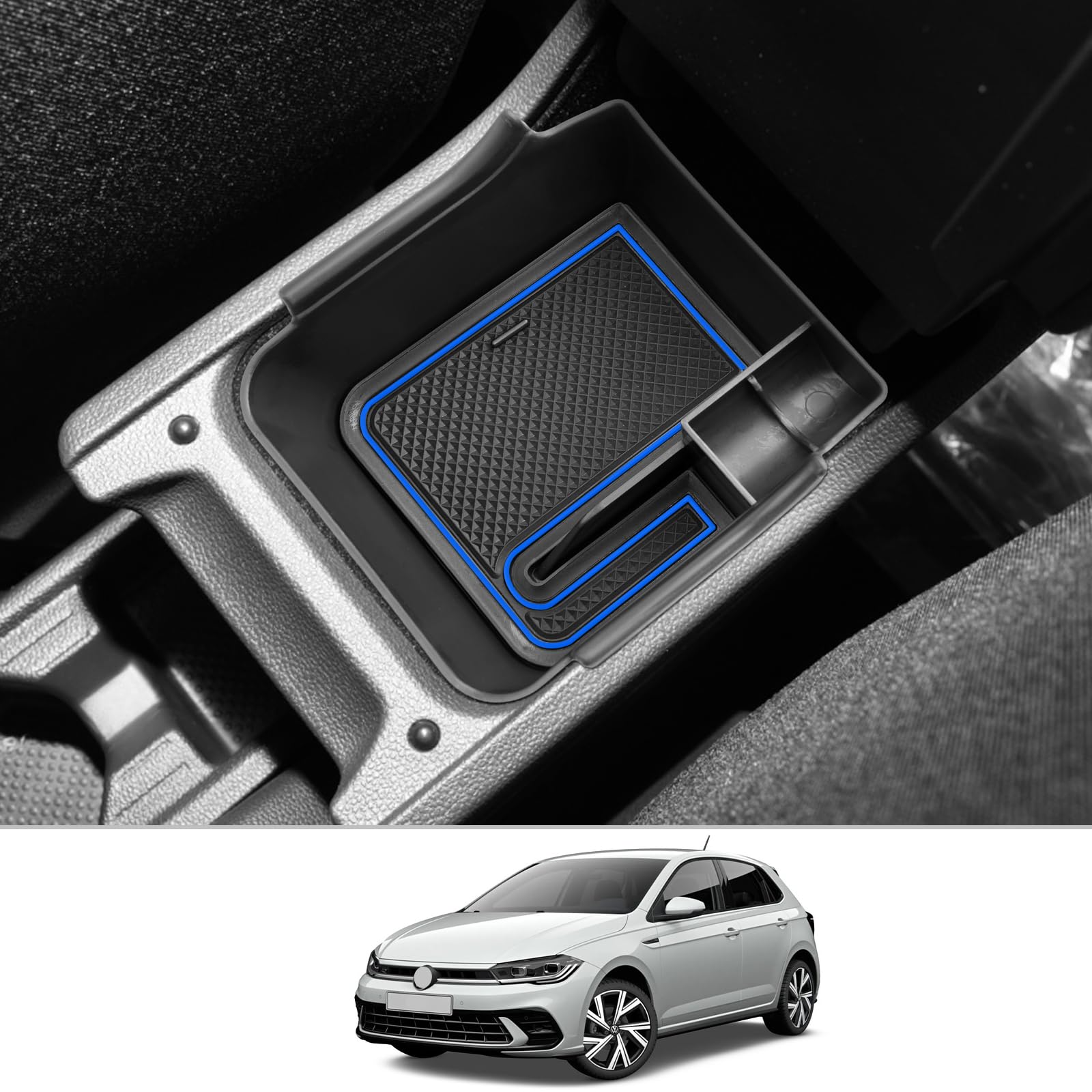 CDEFG Compatible avec VW Polo AW Taigo 2018-2025 2026 Console centrale Accoudoir Boîte à gants Polo 2023 Rangement Voiture Center Console Organisateur Plateau Polo AW Accessoires (Bleu)