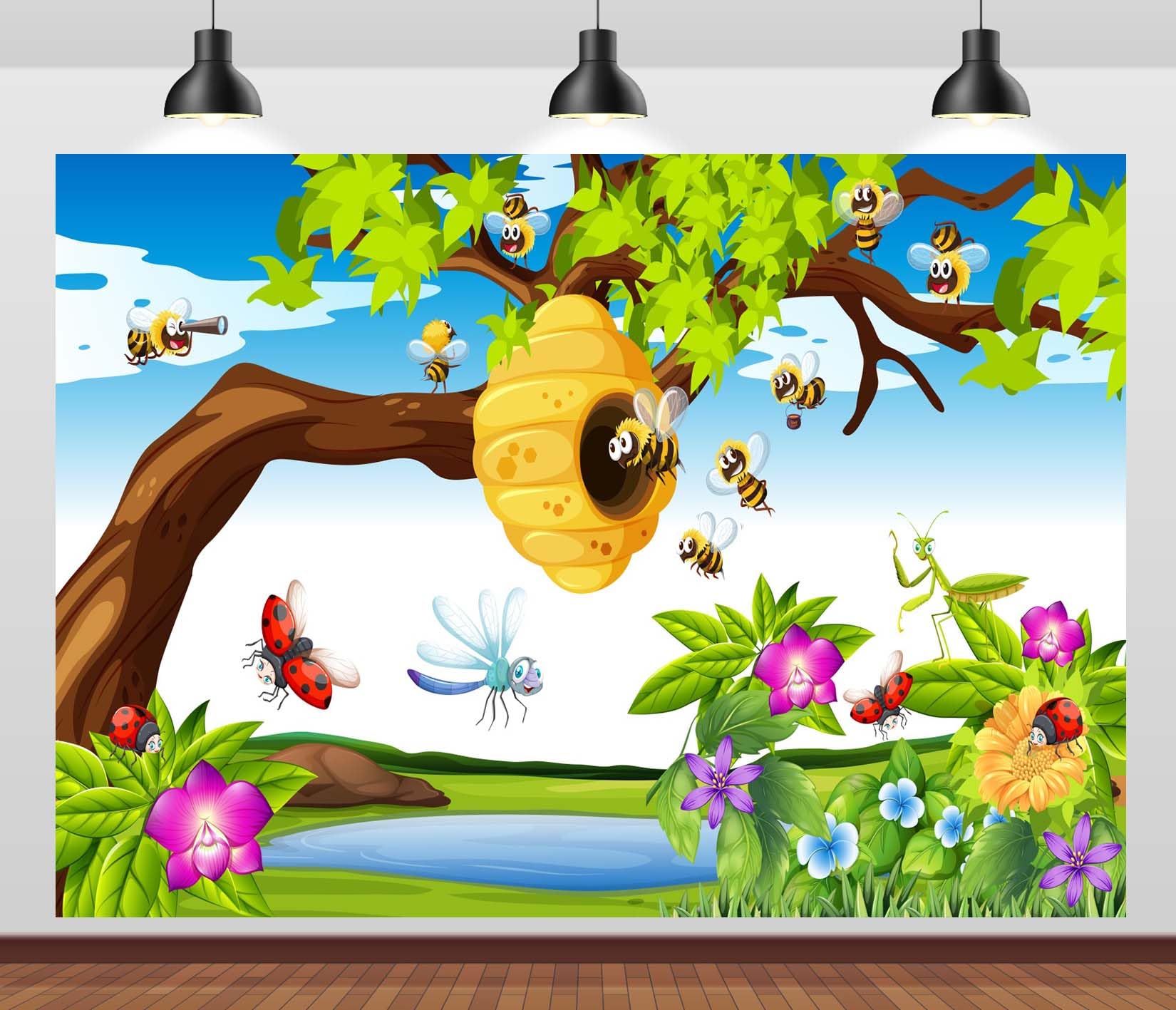 CORFOTO 7x5ft Fabric Garden Bees Backdrop Sweet Bee Backdrop Cute Insect Green Plants Spring Landscape Photography Background Kids Birthday Party Baby