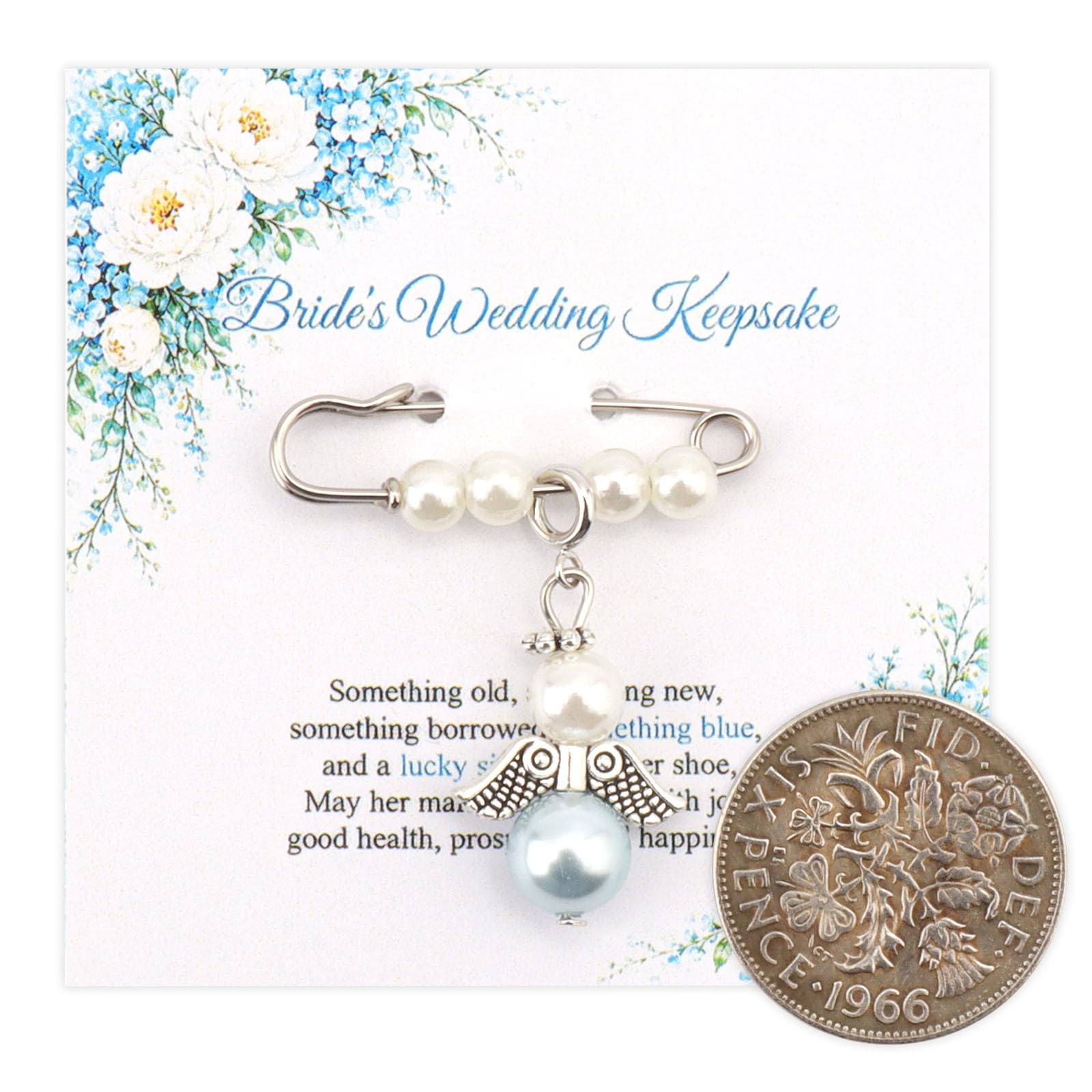 Lucky Sixpence Coin for Bride,with Something Blue Angel Memory Bouquet Charm and Wedding Card,Traditional Good Luck Token,Wedding Day Gift(Bride)