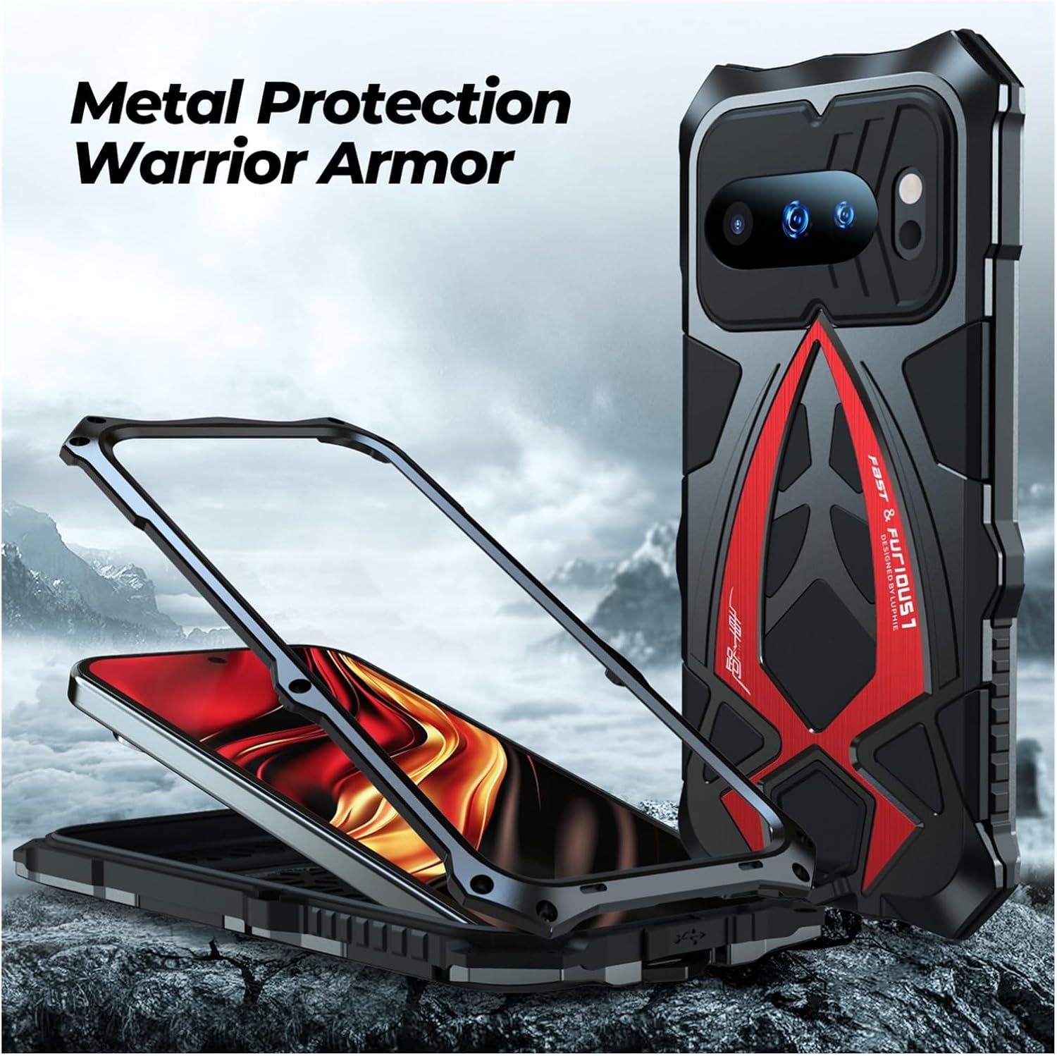 Metal Case for Google Pixel 10 Pro, Heavy Duty Military-Grade Aluminum Bumper with Soft Silicone Inner Layer, Shockproof Full Body Protection, Cool Design Cover(Red)