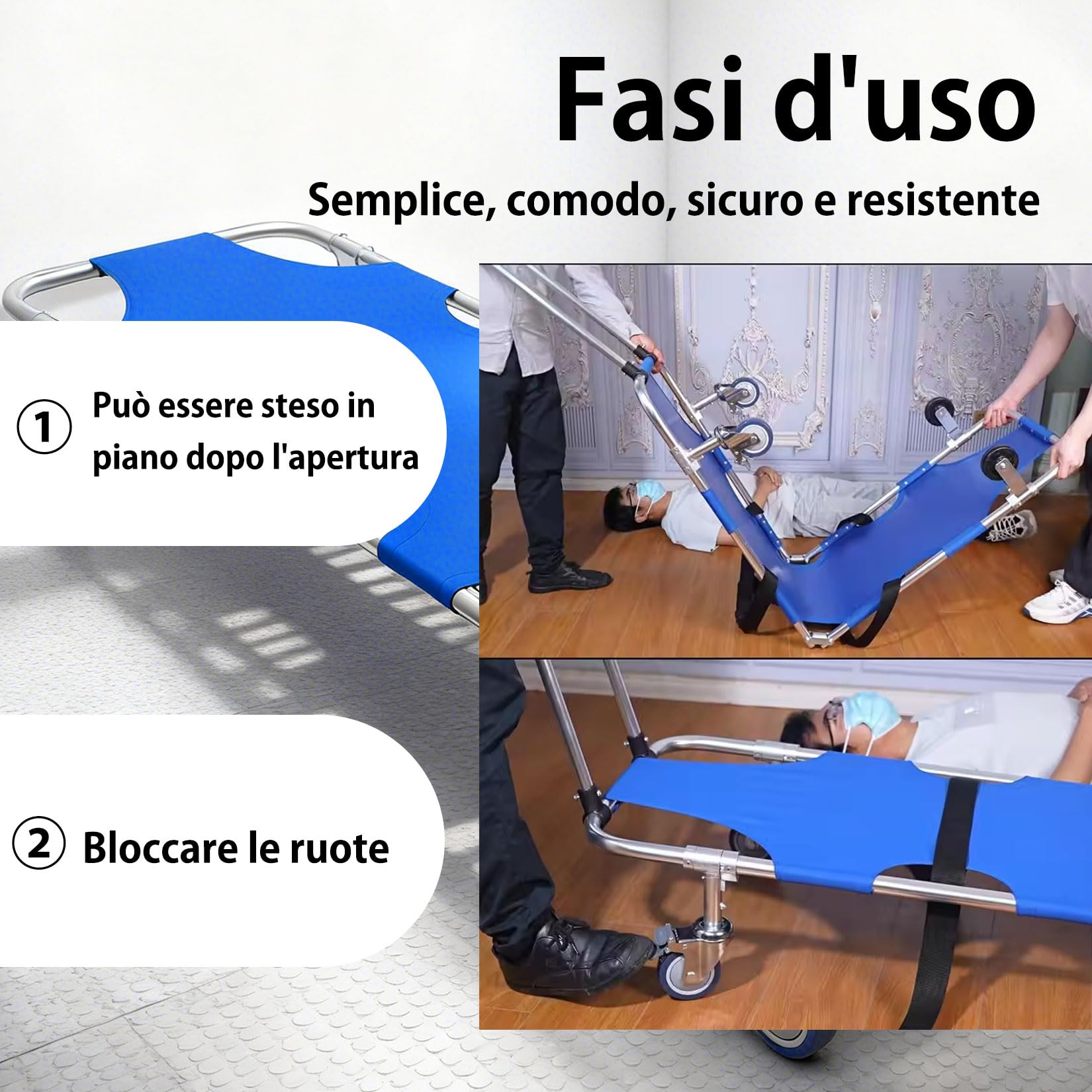 Barella di Salvataggio,Barella Pieghevole Portatile con 4 Ruote e Cintura,Asta Push-pull,Piegabile in 2,per Trasporto Paziente da Viaggio Medico di Emergenza capacità di Peso 350 Libbre