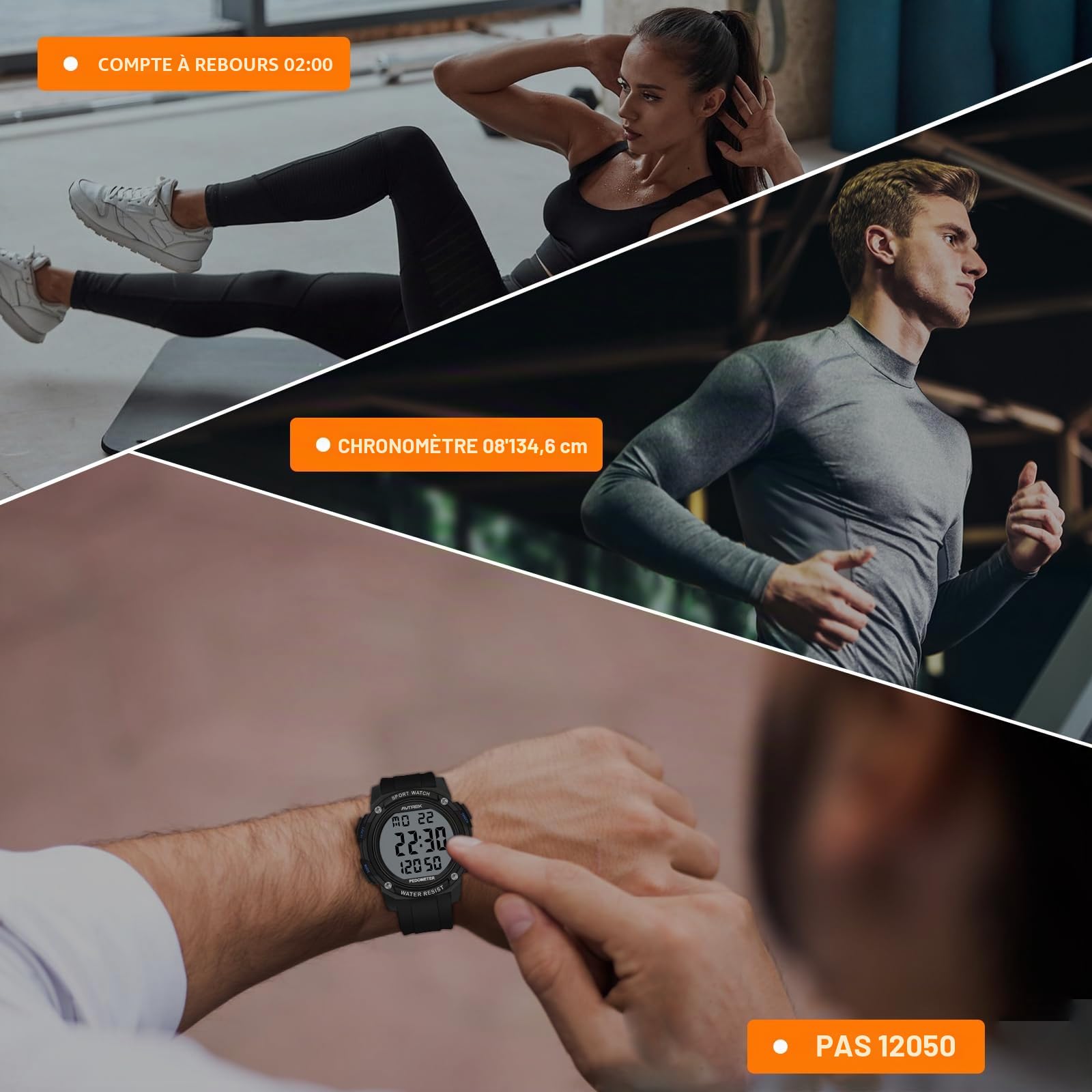 AVTREK Montre podomètre étanche pour la marche, pas d'application/Bluetooth nécessaire, traqueur de fitness avec écran LCD, grands chiffres, kilomètres et calories