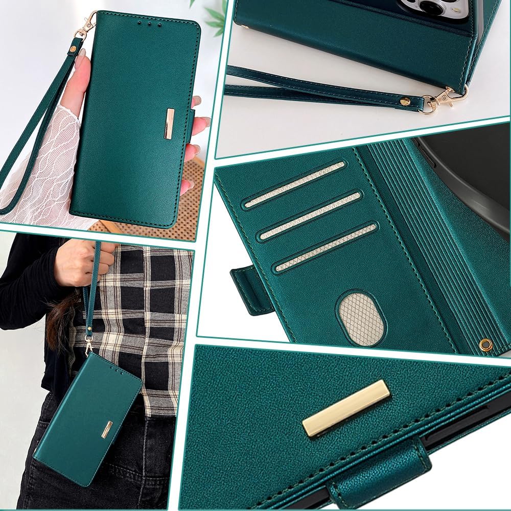 Wallet Case for OnePlus Nord 2T 5G with Wrist Strap PU Leather Protective Cover, Card Holders Kickstand RFID Blocking Shockproof Magnetic Handbag Flip Phone Shell Case