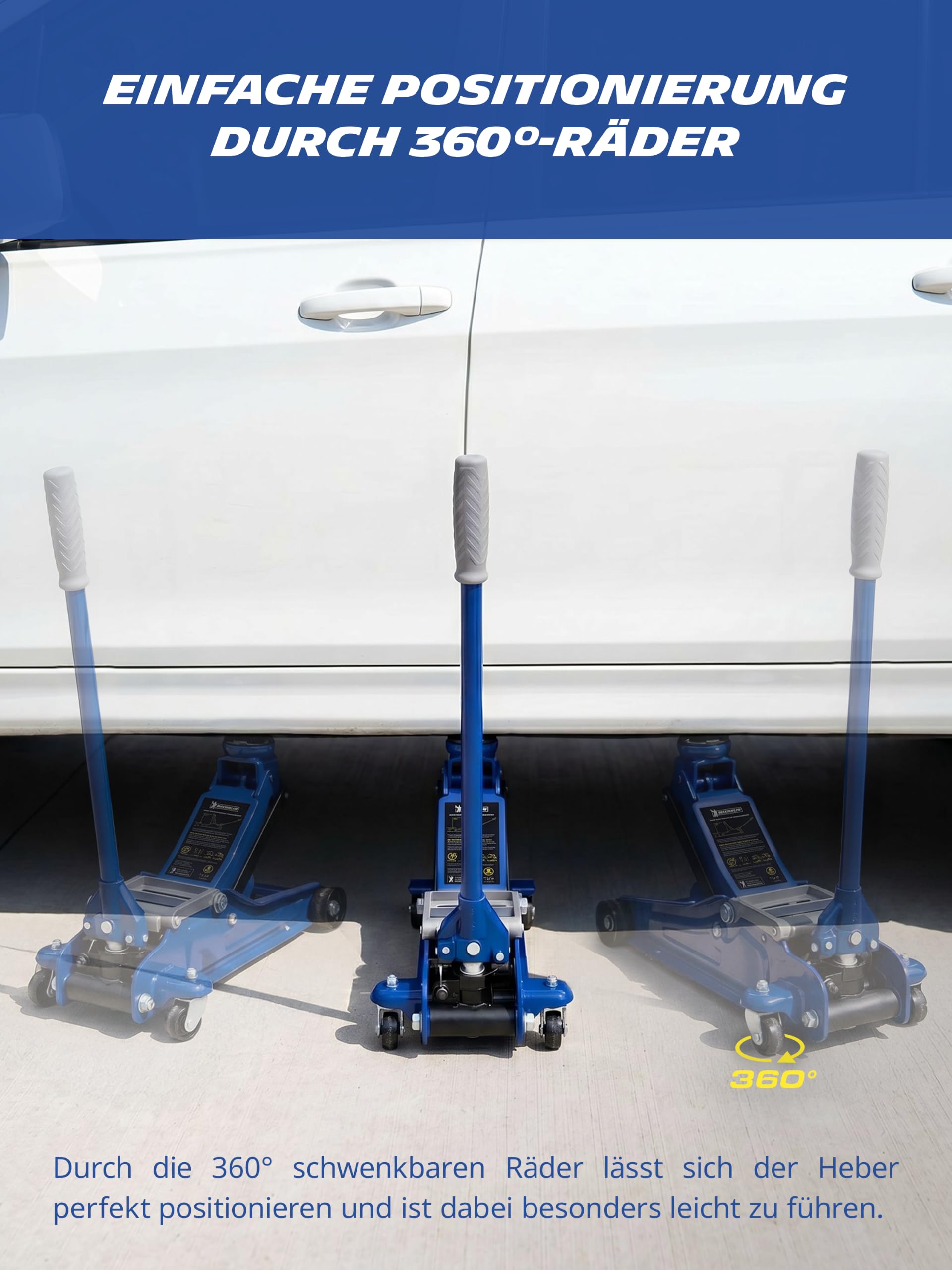 MICHELIN Wagenheber 2T hydraulisch – Rangierwagenheber 2000kg für PKW & SUV – Autoheber mit 360° Schwenkrädern, 350 mm Hubhöhe – stabil für Reifenwechsel & Werkstatt | Rangierwagenheber 2000kg für PKW & SUV Autoheber mit 360° Schwenkrädern, 350 mm Hubhöhe