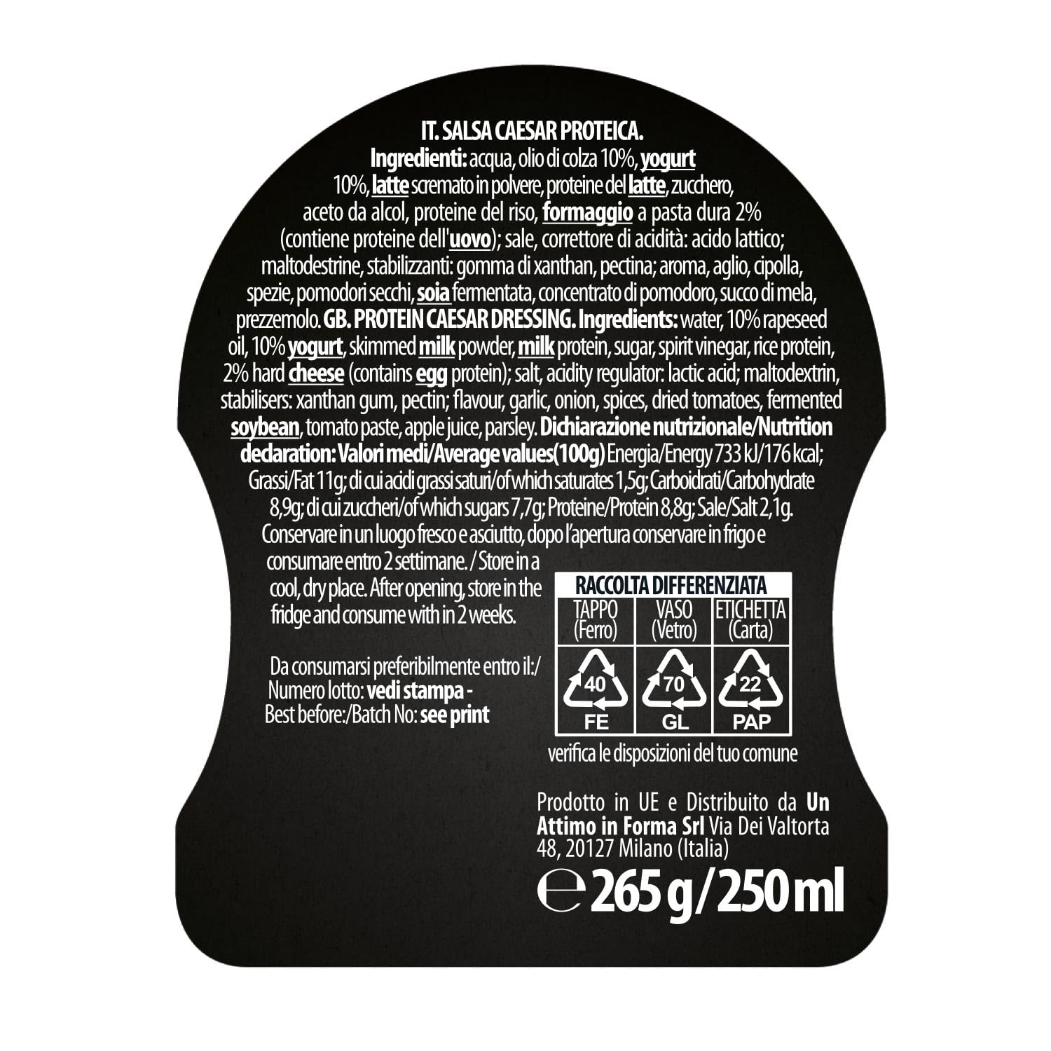 1 Attimo in Forma | Salsa 20% Proteica Gusto Caesar Dressing Condimento 250 ml a Basso Contenuto di Calorie e Grassi - Fonte di Proteine Salutare Benessere Gustosa Pranzo Cena Insalata