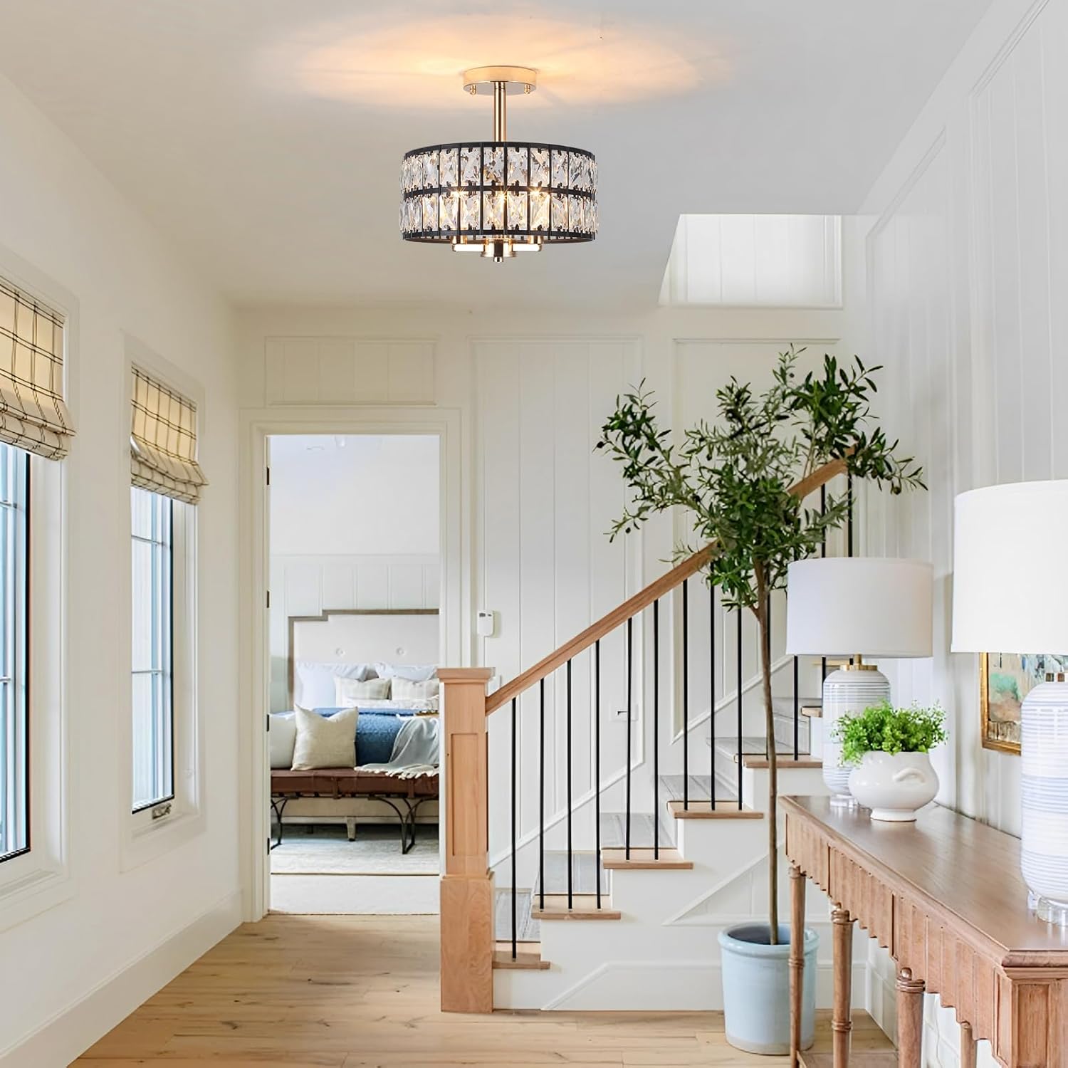 Crystal Ceiling Light Fixture, 12.6" Black and Rose Gold Semi Flush Mount Ceiling Light Fixture 3 Lights Modern Drum Round Crystal Chandeliers for Entryway Kitchen Hallway Bedroom Living Room