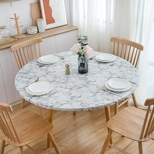 Miniatura 6 de NLMUVW Mantel redondo de vinilo ajustable con borde elástico, 100 % impermeable, a prueba de aceite, mantel de PVC para interiores y exteriores,