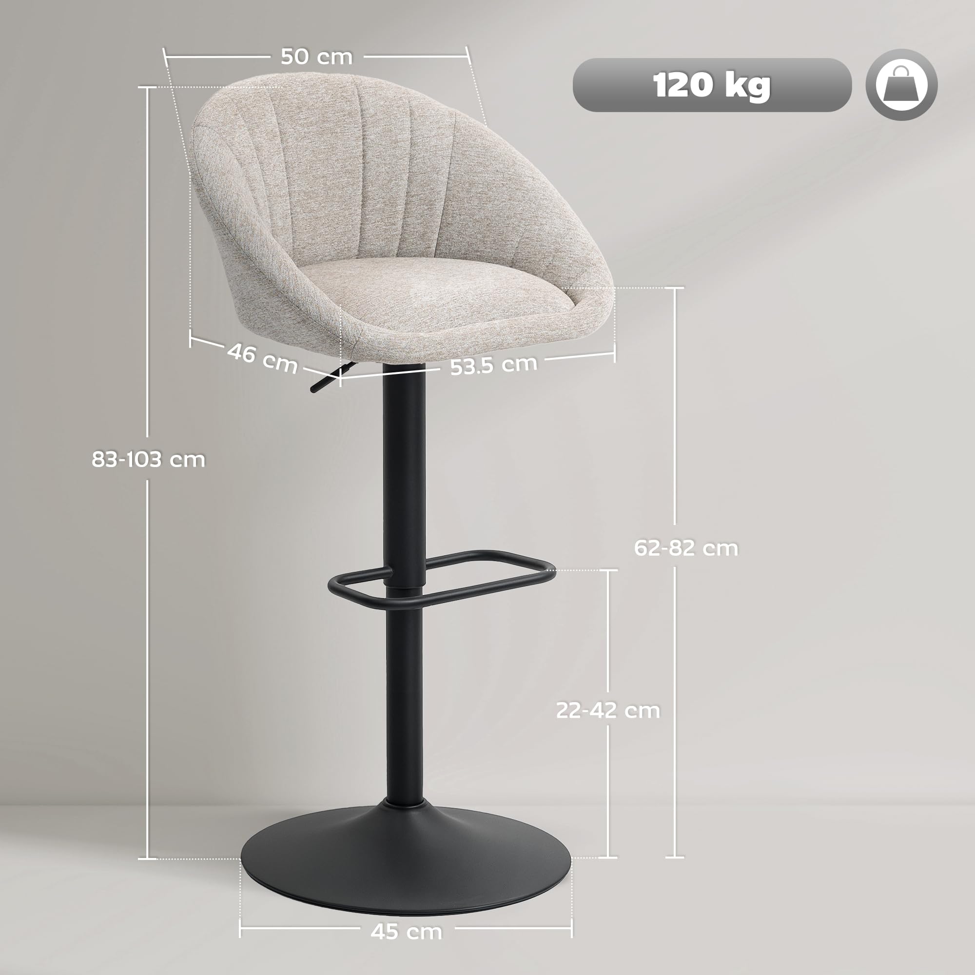HOMCOM Set 2 Sgabelli Bar con Schienale e Braccioli, Altezza Regolabile, Sgabelli Cucina Girevole a 360° con Poggiapiedi Integrato, Sedie Bar Alte in Tessuto, per Soggiorno, Sala da Pranzo, Beige