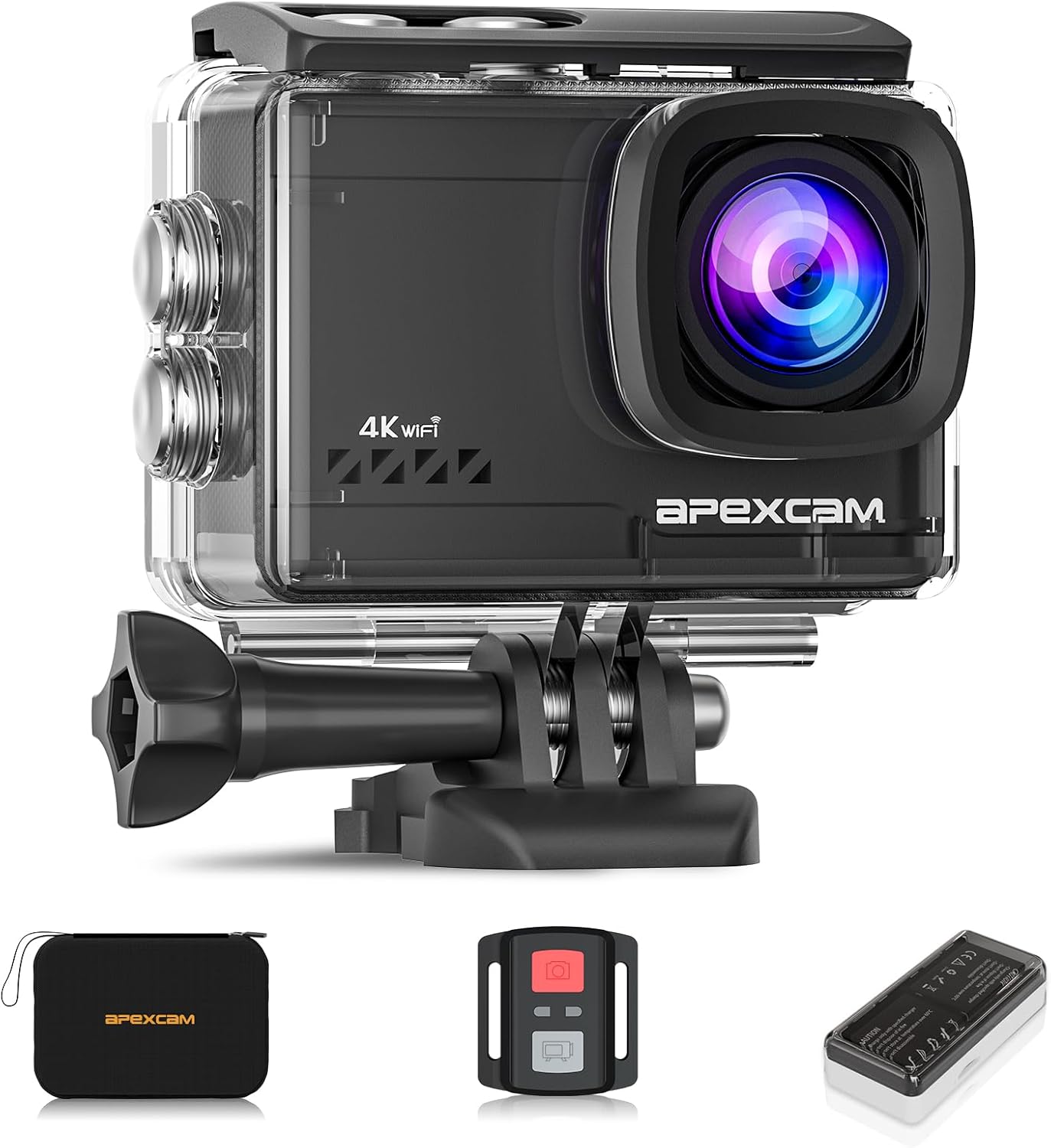 Apexcam 4K 60FPS 64MP WiFi EIS Action Camera Underwater Waterproof Camera Sports Camera Camcorder Ultra HD 40M 2.4G Wireless Remote Control 2.0'' LCD Screen 2x1350mAh Batteries and Accessories