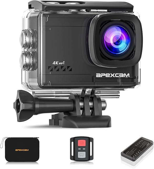 Apexcam 4K 60FPS 64MP WiFi EIS Action Camera Underwater Waterproof Camera Sports Camera Camcorder Ultra HD 40M 2.4G Wireless Remote Control 2.0'' LCD Screen 2x1350mAh Batteries and Accessories