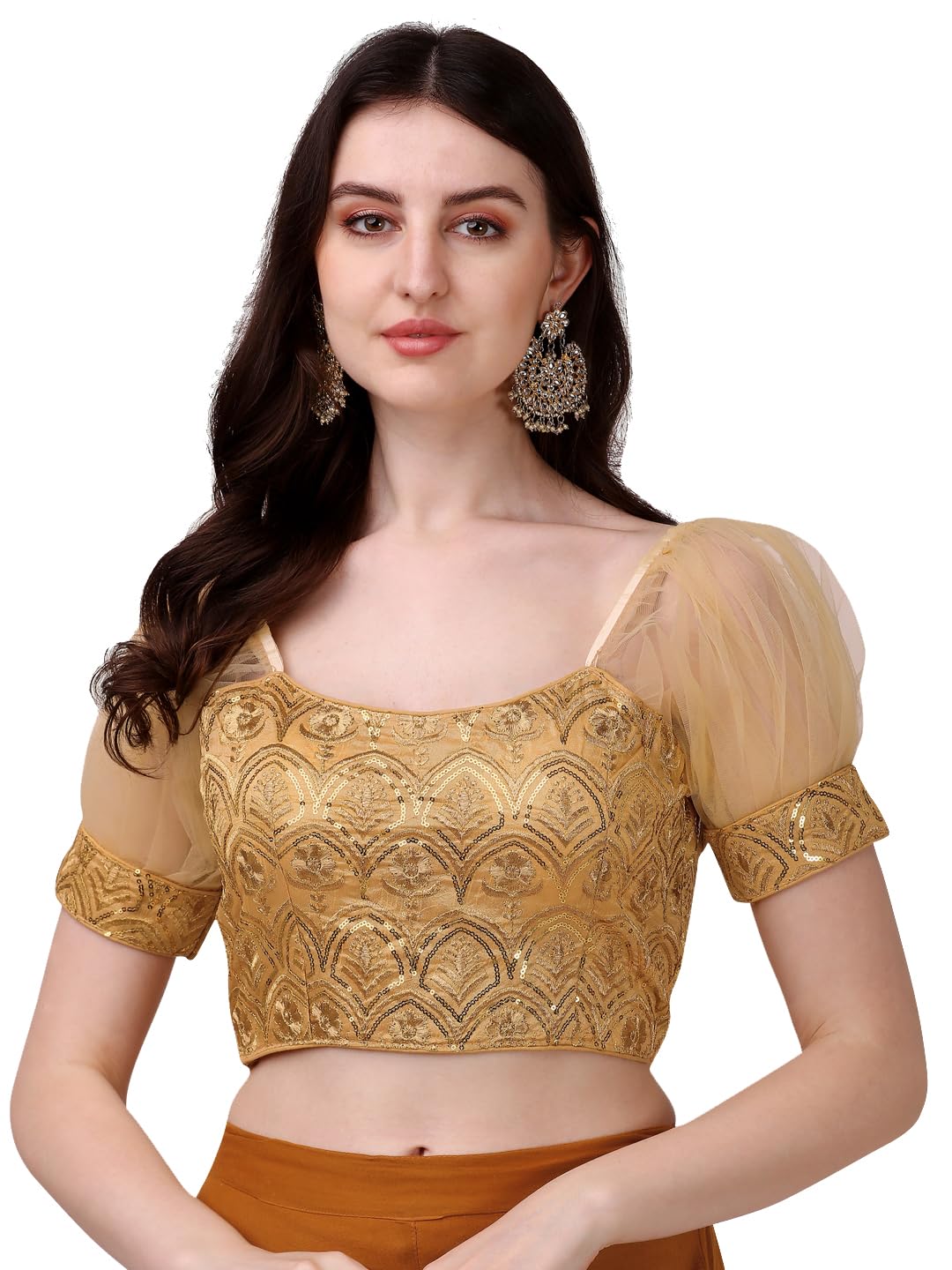 Womens Net Fabrics Round Neck Puff Sleeve Blouse-image-18