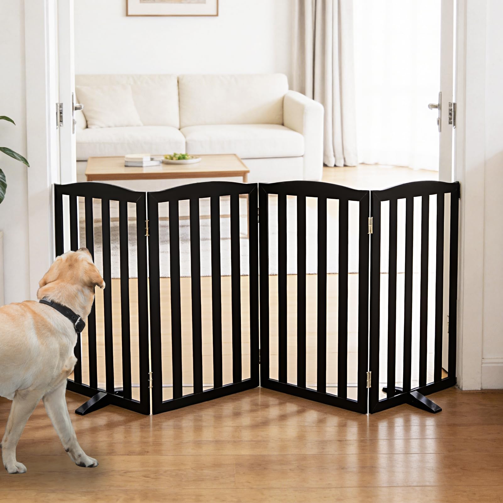 SFJC Freestanding Dog Gate Indoor,Doggie Gate Foldable Pet Gates for Doorways,Stairs or Hallways, Wooden Black Pet Gate for the House, Pet Fence with Support Feet Included,32 "Height-4 Panels