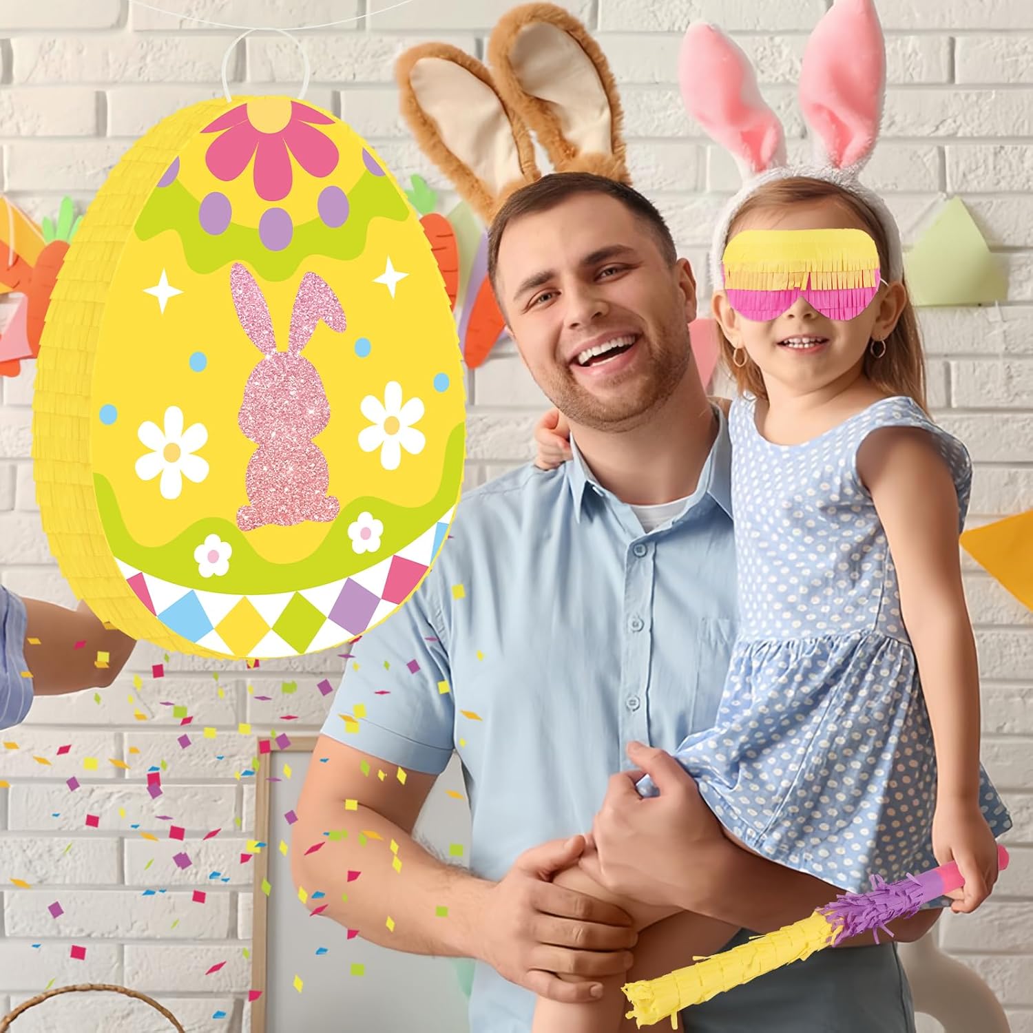 Sratte Easter Pinata Decorations Easter Egg Bunny Pinata with Stick Blindfold for Fiesta Spring Easter Birthday Anniversary Celebration Baby Shower Party Decorations