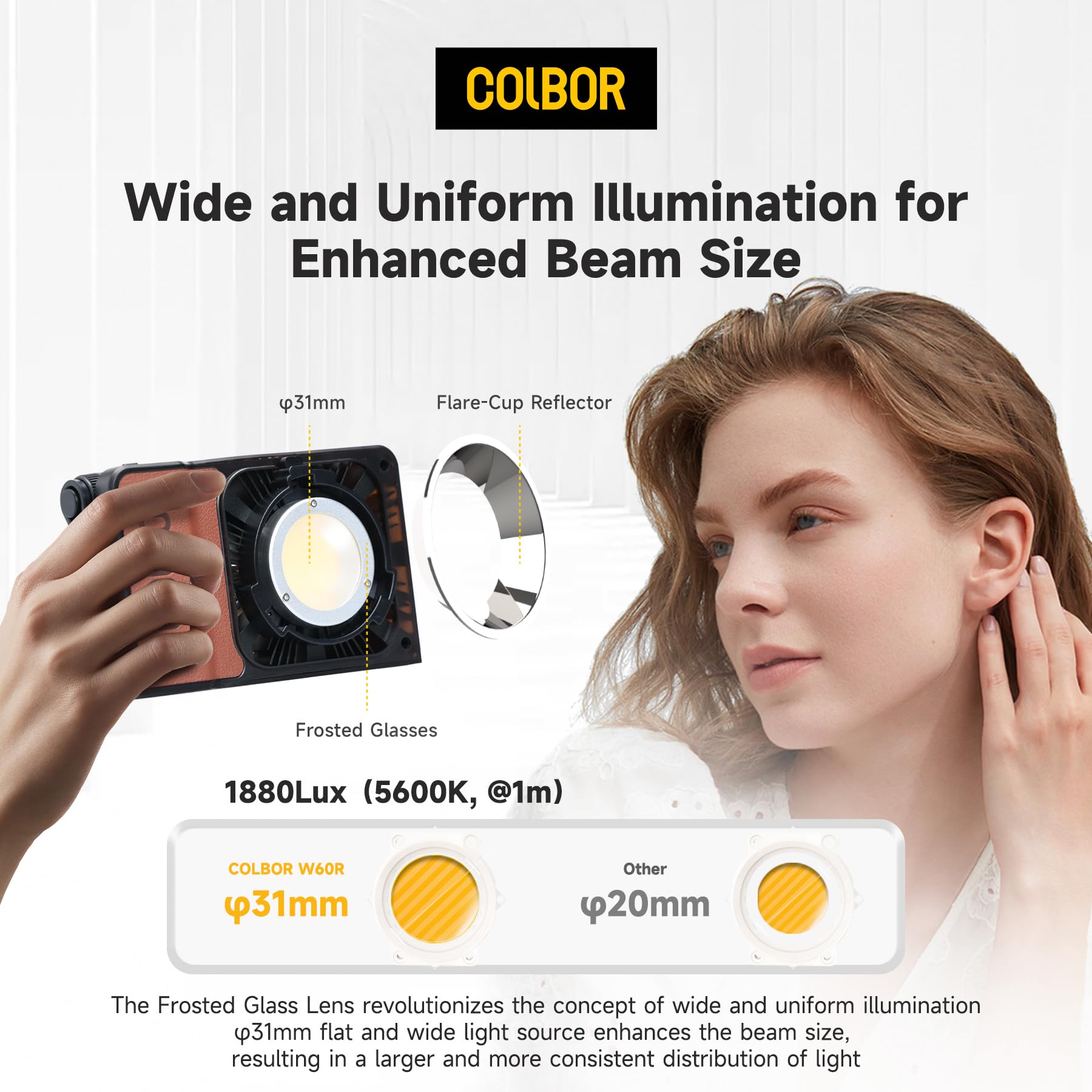 COLBOR W60R - Luce video a LED, 2700 – 6500 K, CRI 97 + 60 W, piccola dimmerabile, controllo app, luce compatta per fotografia di prodotti e vlog YouTube