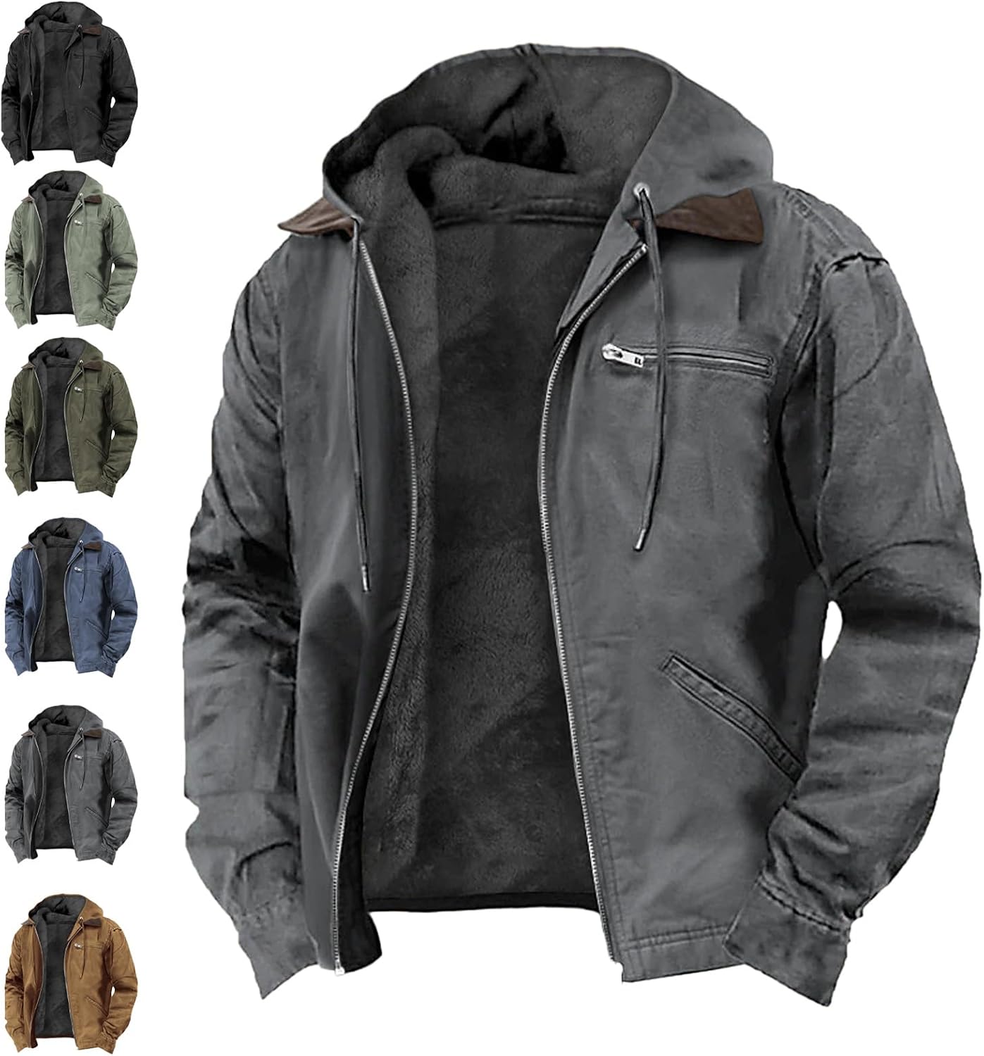 Men's Winter Thickened Fleece Lined Jacket, Waterproof Warm Zipped Up Tactical Hoodie Solid Heavy Work Bomber Jacket