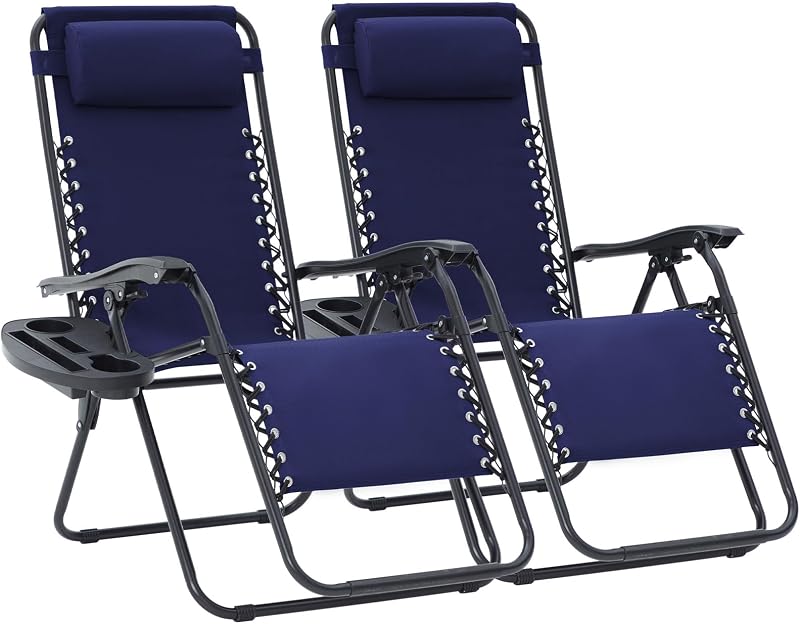 Zero Gravity Chairs 2 Set, Adjustable Patio Recliners, Navy Blue | 400 lbs Capacity, Steel Frame Textilene Fabric, Locking Recline, Pillow & Cup Holder Tray for Patio, Pool, Beach