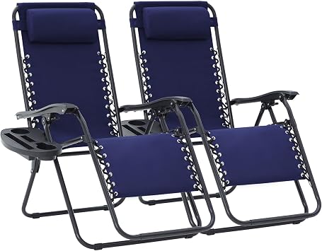 JEAREY Zero Gravity Lounge Chairs Set of 2, Adjustable Steel Mesh Recliners with Pillows and Cup Holder Trays for Patio, Garden, Beach, Navy Blue