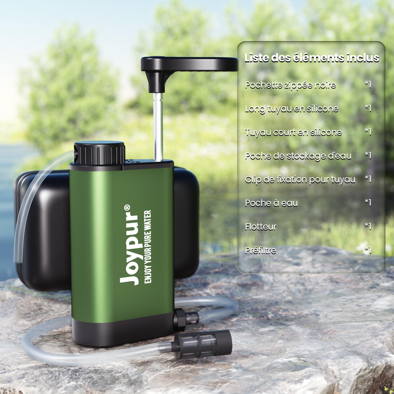 Filtre à eau Survie en plein air - Filtre à eau potable en métal avec une capacité de filtration de 6000 L Purificateur d'eau portable pour le camping la randonnée l'urgence etc. (Vert armée)