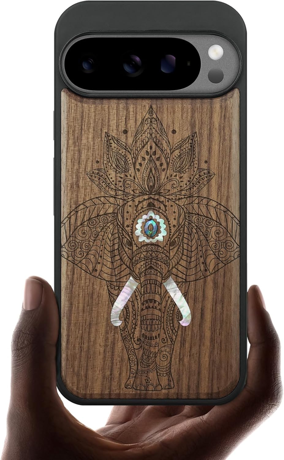 Carveit Magnetic Wooden Case for Pixel 10 / Pixel 10 Pro Case, Wood Artisan Engraved & Handmade Shell Inlaid, Compatible with MagSafe Wireless Chargers, African Elephant in Linework Art - Walnut