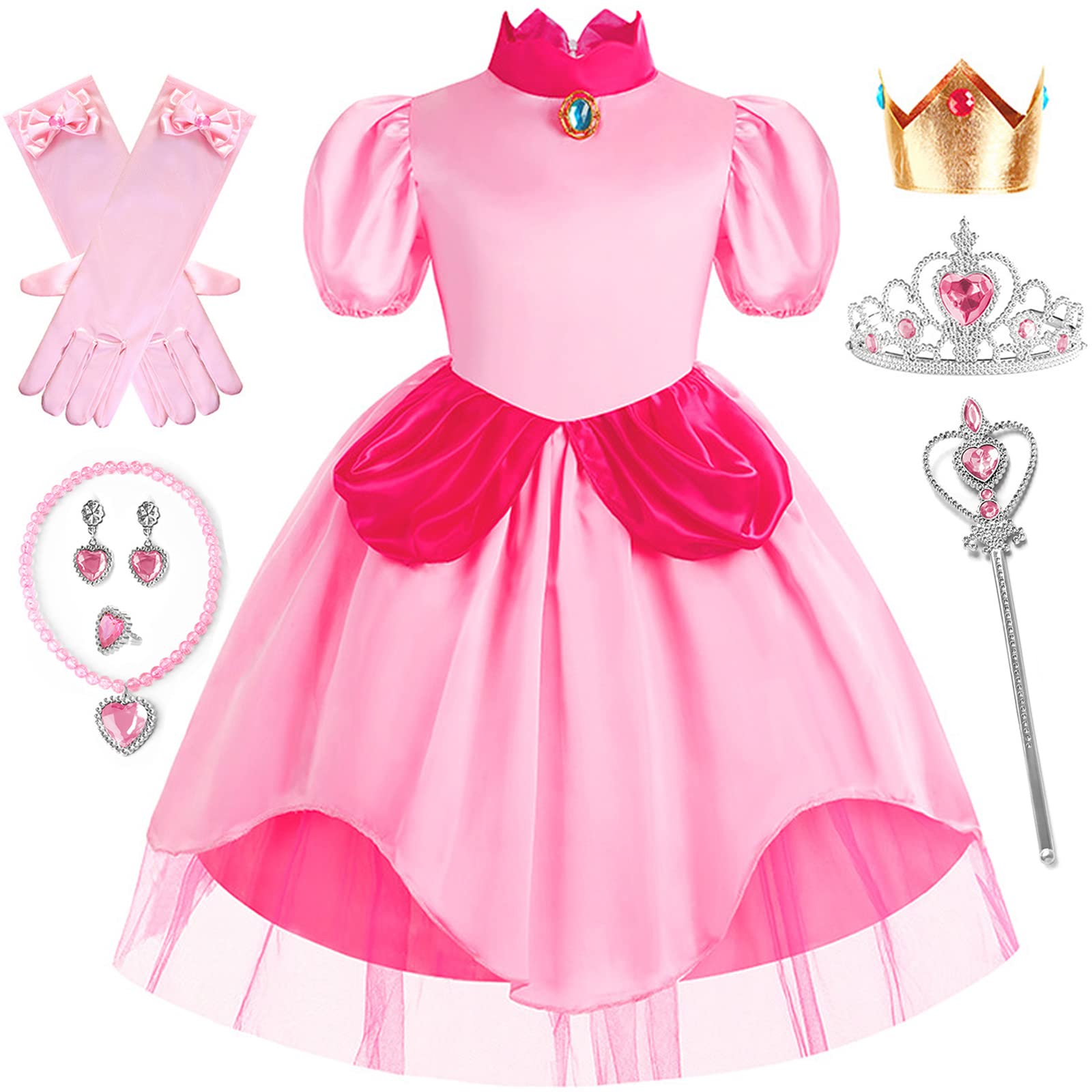 IWFREE Disfraz de Princesa Peach Niña Vestido de Princesa Rosa con Corona Accesorios para Niños Navidad Carnaval Halloween Cosplay Vestidos de Fiesta