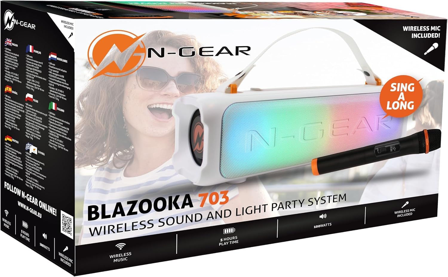 N-Gear Blazooka 703 White Cassa Bluetooth Karaoke 100 W con Luci LED | 100 W, Bluetooth, batteria fino a 5 ore, microfono wireless, luci RGB, USB e AUX, peso 738 g, design portatile bianco