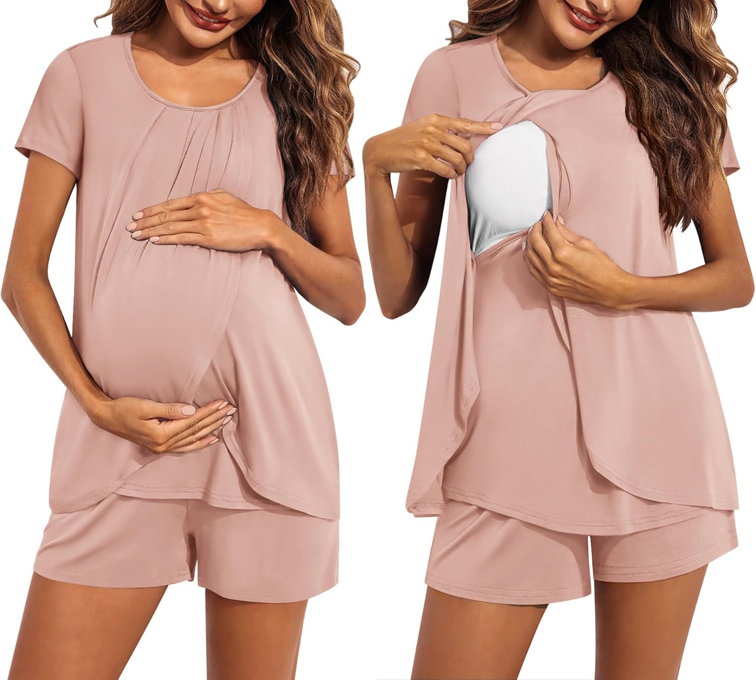 Ekouaer Women's Maternity Nursing Pajamas Set Breastfeeding Sleepwear Double Layer Short Sleeve Top & Shorts Nursing Pjs