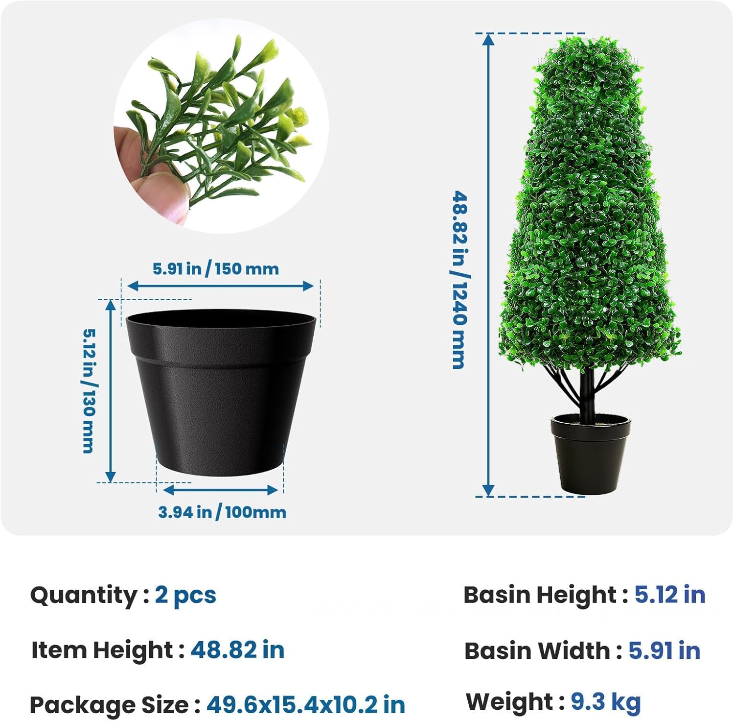 48" Boxwood Topiary Trees Artificial Outdoor Set of 2, Realistic Cone-Shaped Fake Potted Bushes and Shrubs, UV Resistant Artificial Boxwood, Fake Plants for Front Porch Outside Patio Garden