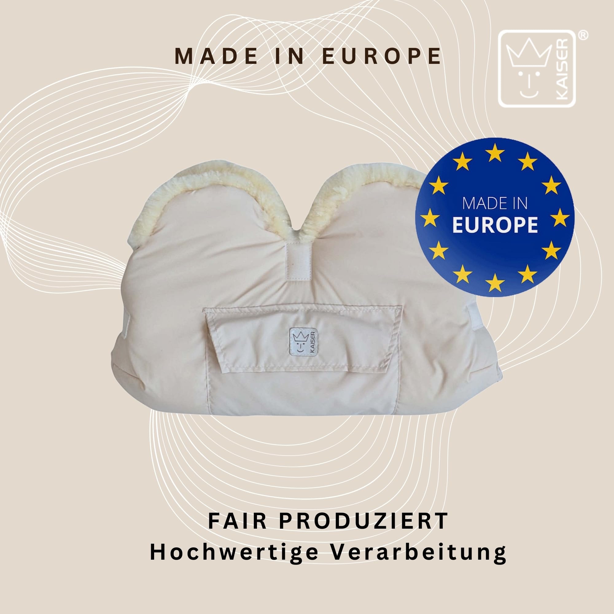 Lammfell Handwärmer für Kinderwagen, 45 x 22 cm, Schaffell Innenfutter, Wasserabweisend, mit Handytasche (cream)
