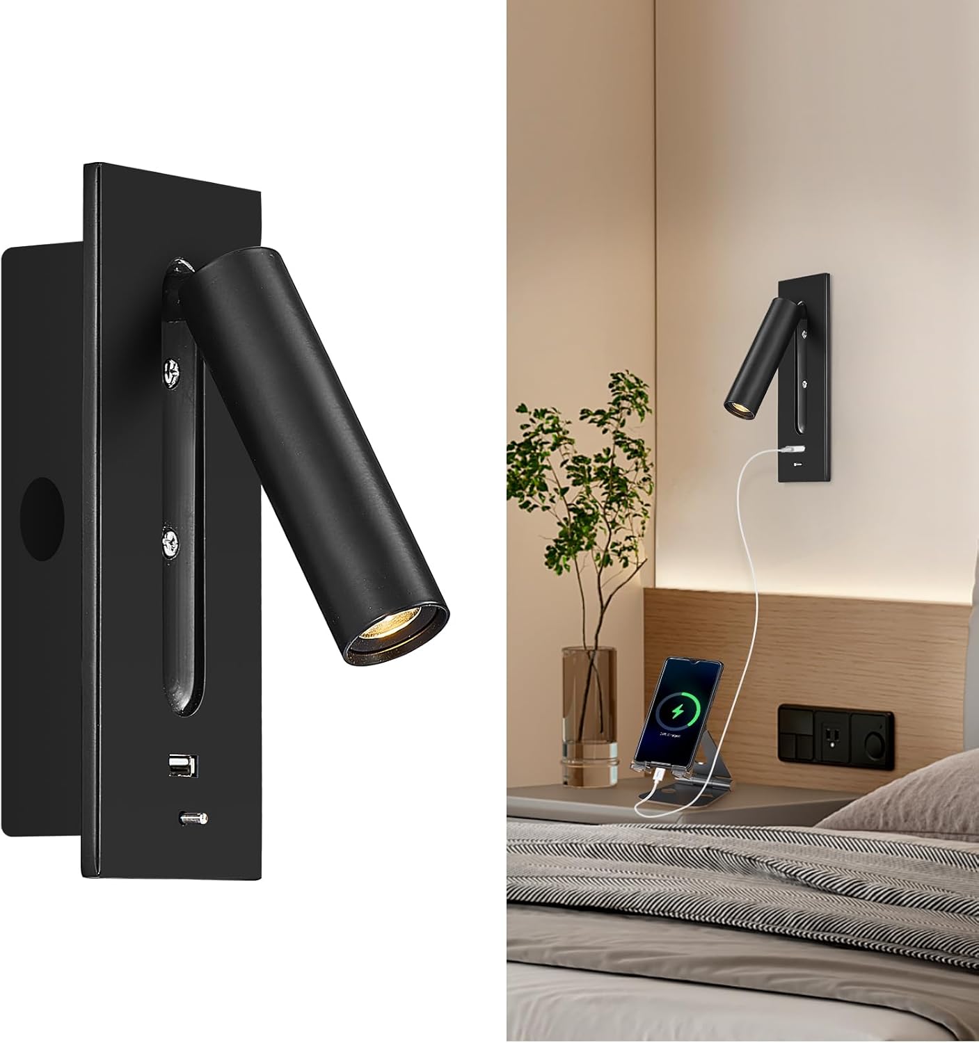 Wall Mount Reading Light for Bedroom, Headboard Lights for Reading in Bed with USB A Ports, Adjustable Wall Mounted Lamp 350°Rotatable 90°, Hardwired Bed Lights for Headboard with Switch