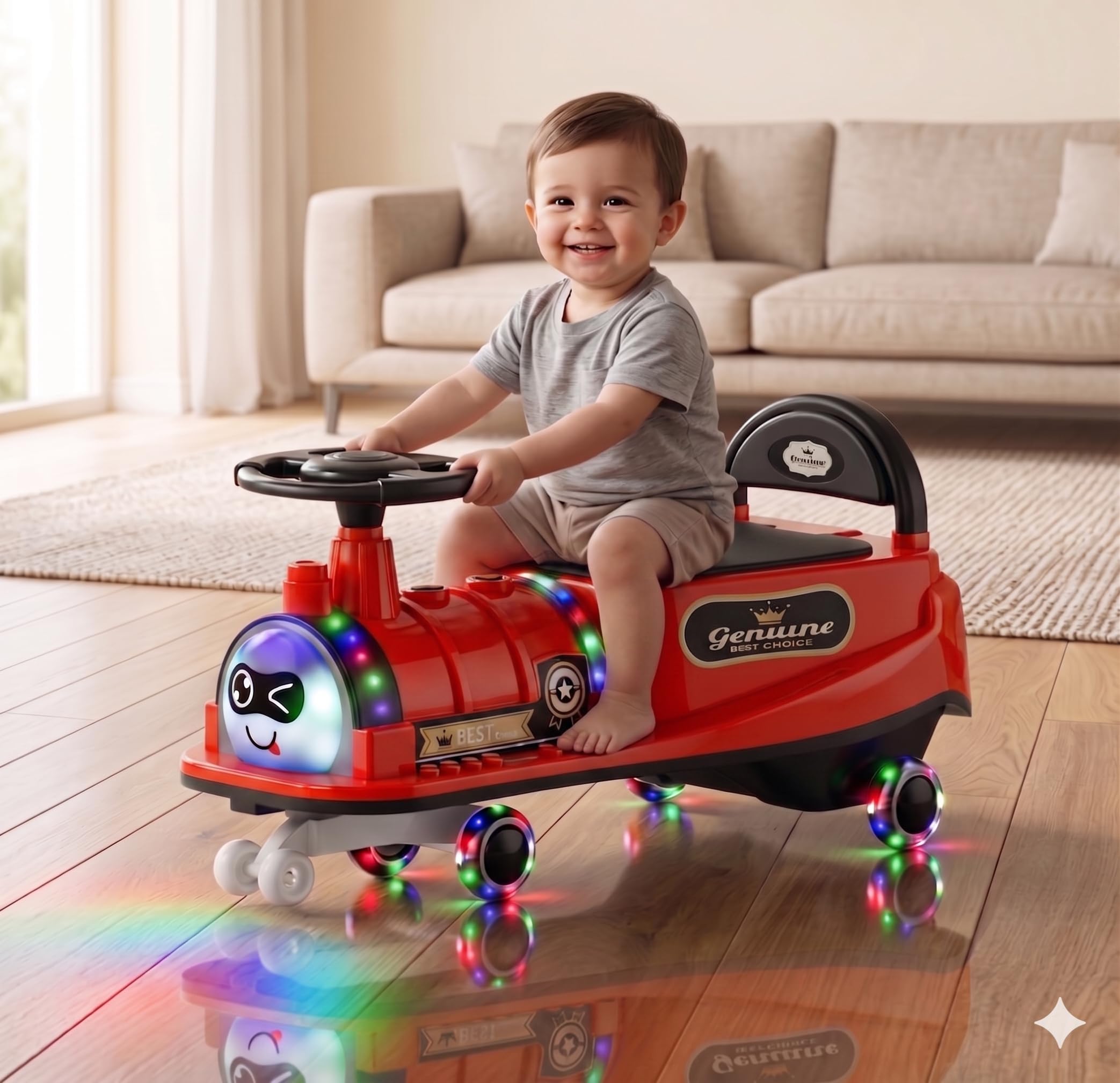 kidsROAR Panda Car For Kids Train Shape - Push Car Magic Swing Fun Musical Rider With Lighting Silicone Wheels, Music, And Lights - Perfect For Ages 1 To 5 Years & Up | 100Kg Capacity, Red-image-40