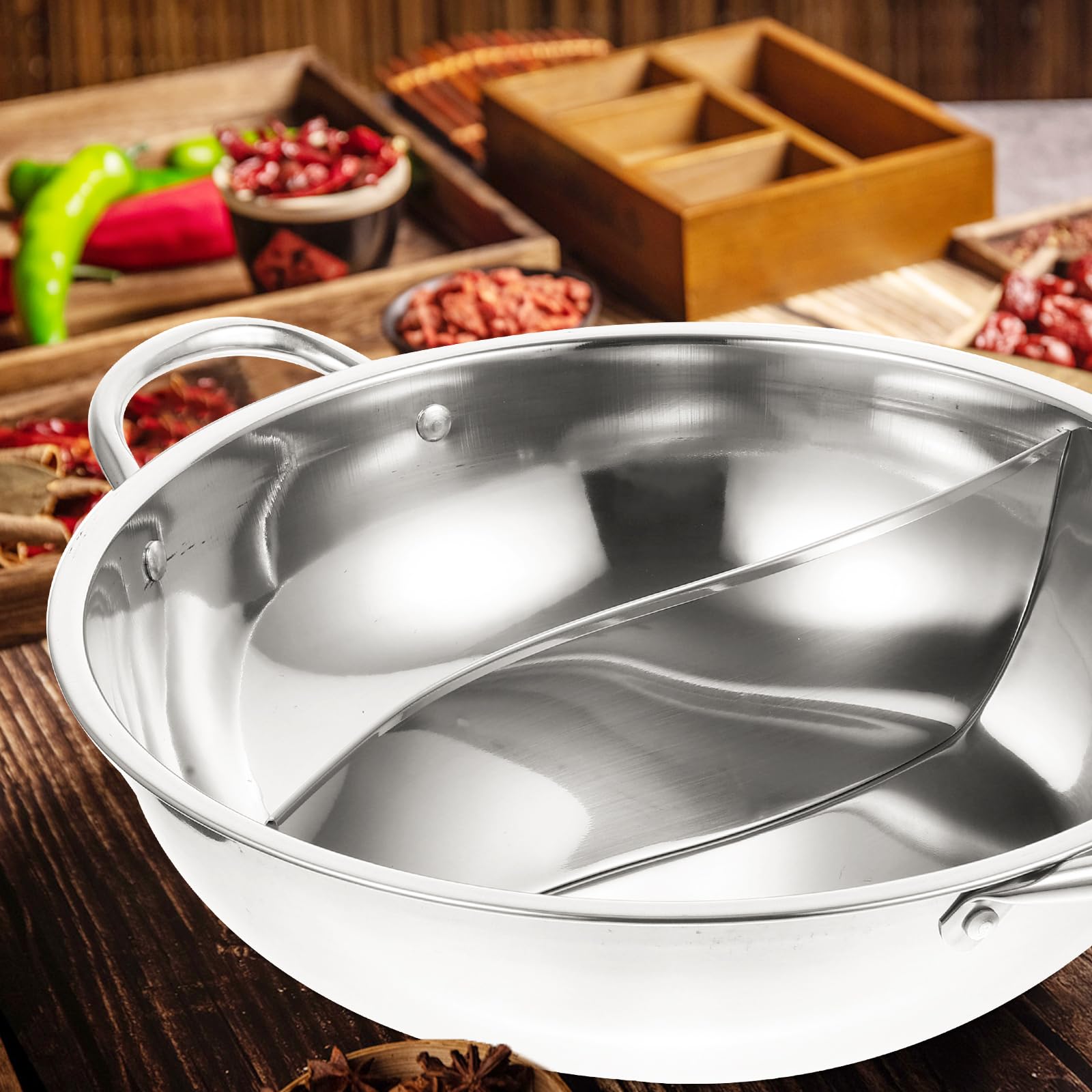 Housoutil Pot De Canard Mandarin Cuiseurs à Fondue Divisés Batterie De Cuisine à Soupe Double Face Poêle De Camping Fondue Chinoise Le Potage Acier Inoxydable Pot De Nouilles 28c Électrique