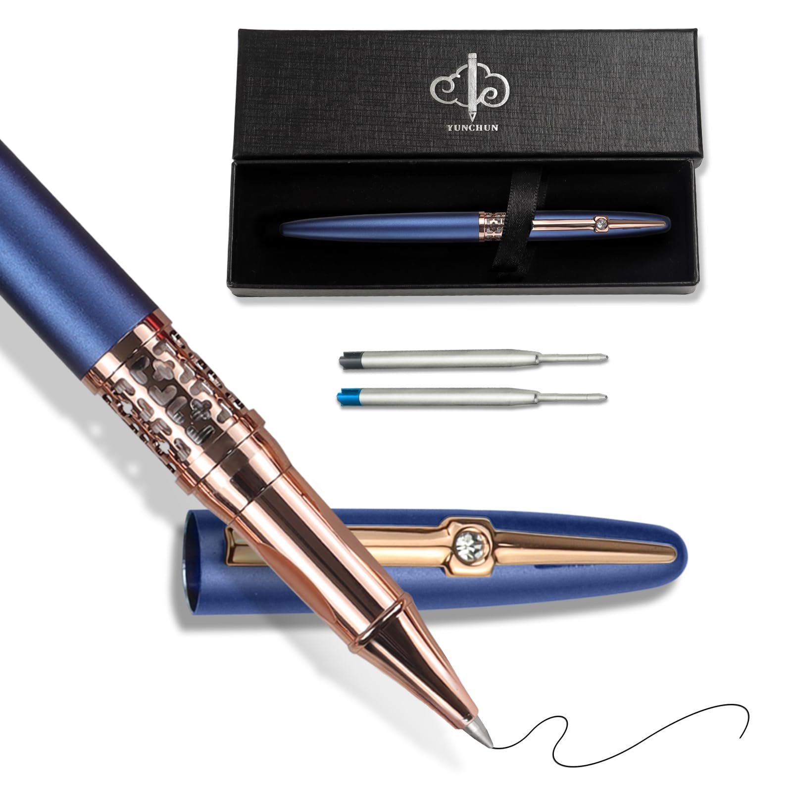 YUN CHUN Filigree Jewel Rollerball Pen with Black Ink Refill, Cool Pens for Writing, Business Metal, Best Gift Set for Men & Women, Blue