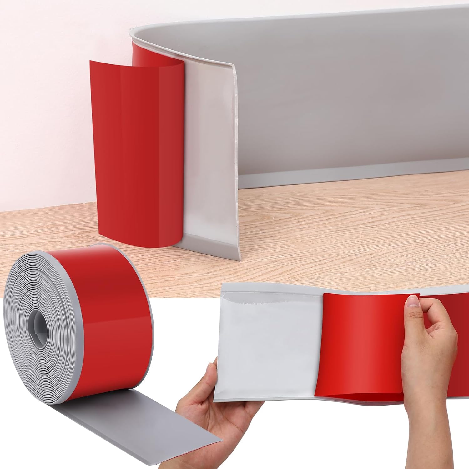 Frienda Flexible Vinyl Wall Base Baseboard Molding Trim 6 Inch x 60 ft Peel and Stick Adhesive Back Self Adhesive Rubber Vinyl Wall Base Cove Base (Gray)