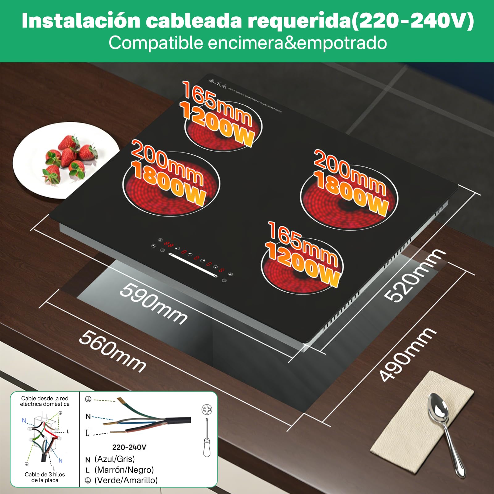 Placa Vitrocerámica 60 cm 4 Zonas, 6000W Integrable, Control Táctil Deslizante, Zonas de Cocción de Anillo Único, Sin Enchufe Conexión Directa