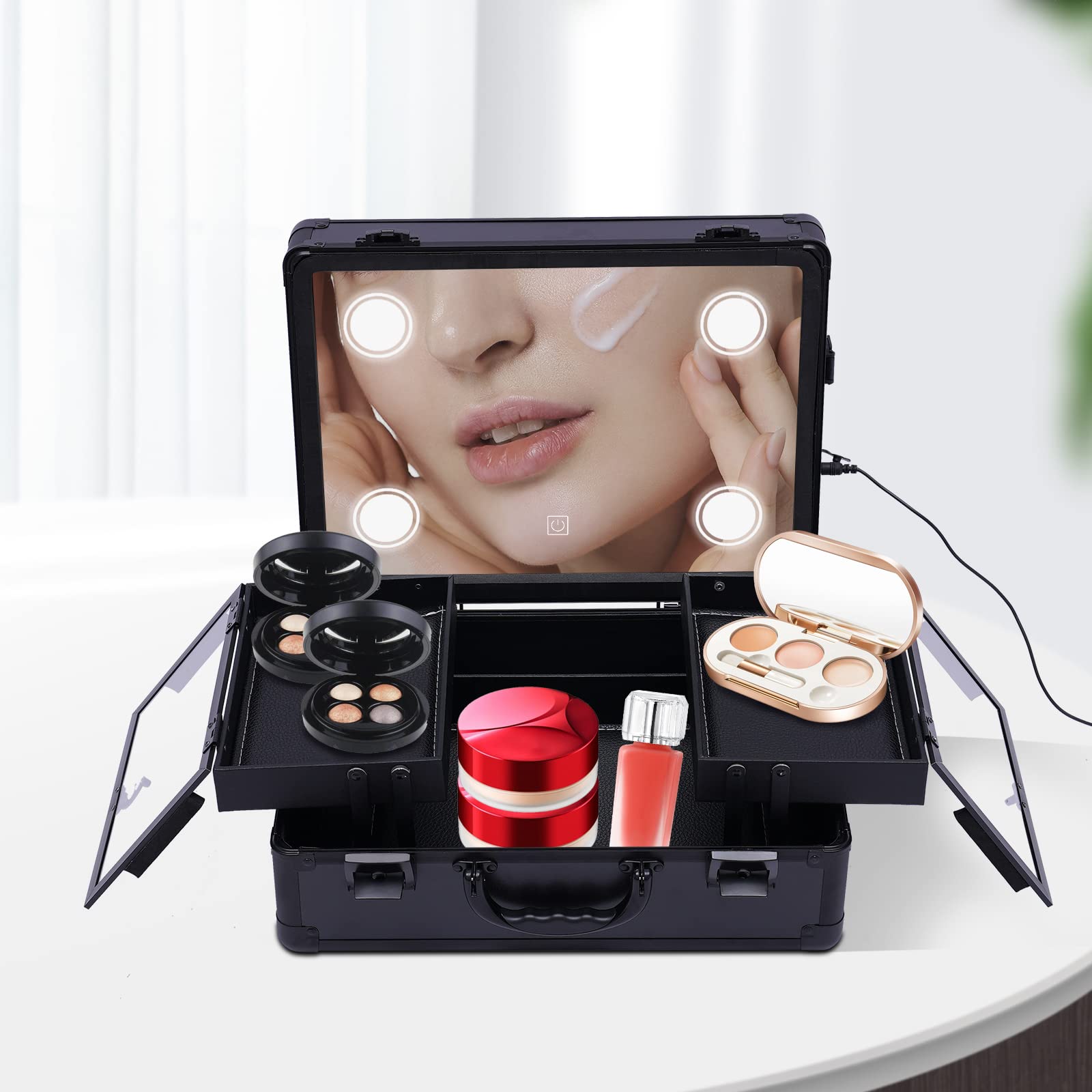 Makeup Train Case, Kosmetiktasche mit LED Spiegel/individuellen Unterteilungen, Schminkkoffer Make-Up Koffer für Friseur, Make-up-Studios, Hochzeits (Schwarz)