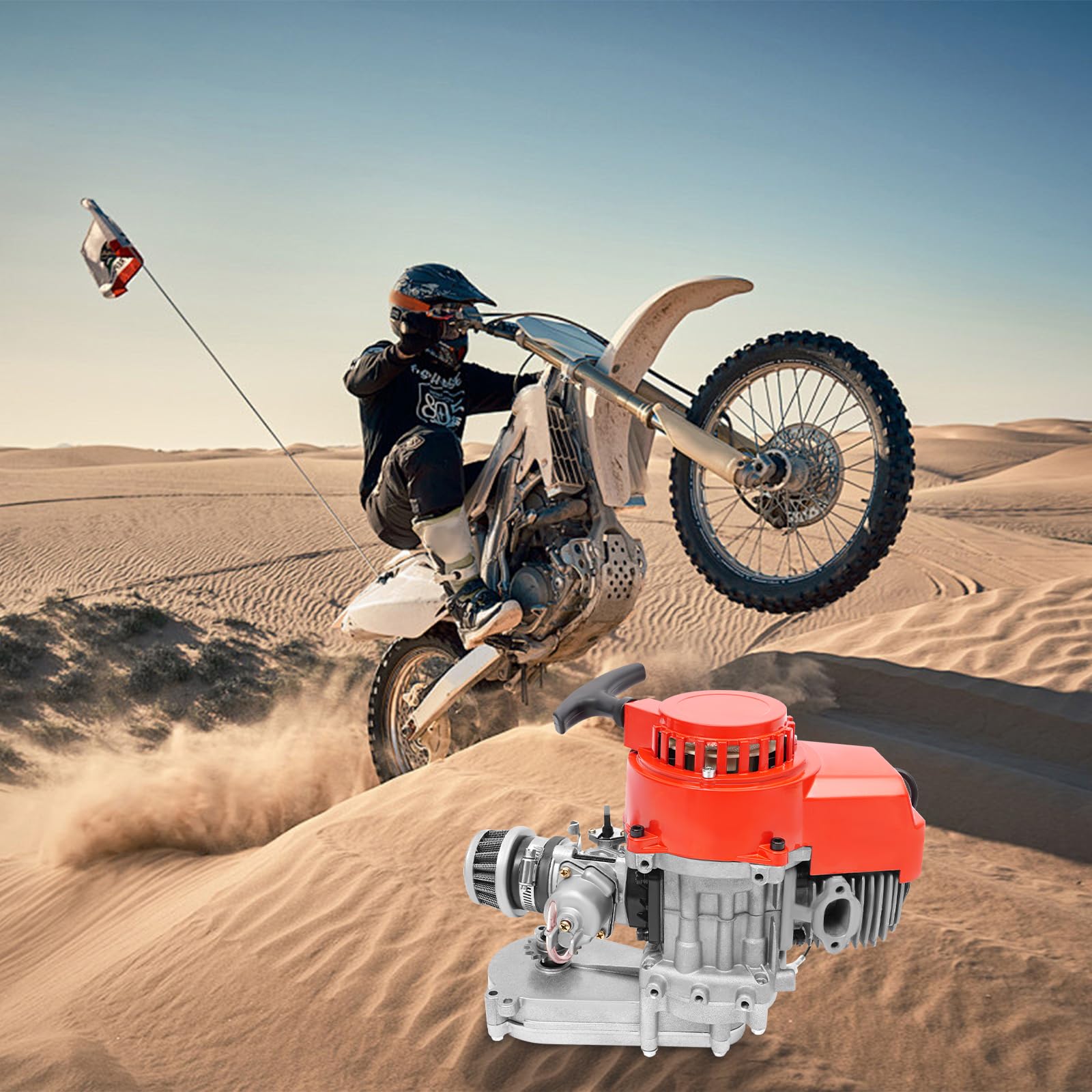 Motore 49cc Mini Moto, Motore a Due Tempi Monocilindrico, Raffreddato ad Aria, 1,7kW/3PS,Carburatore a Galleggiante,Avviamento a Fune Automatico,Alta Potenza e Durata,Compatibile Pocket Bike