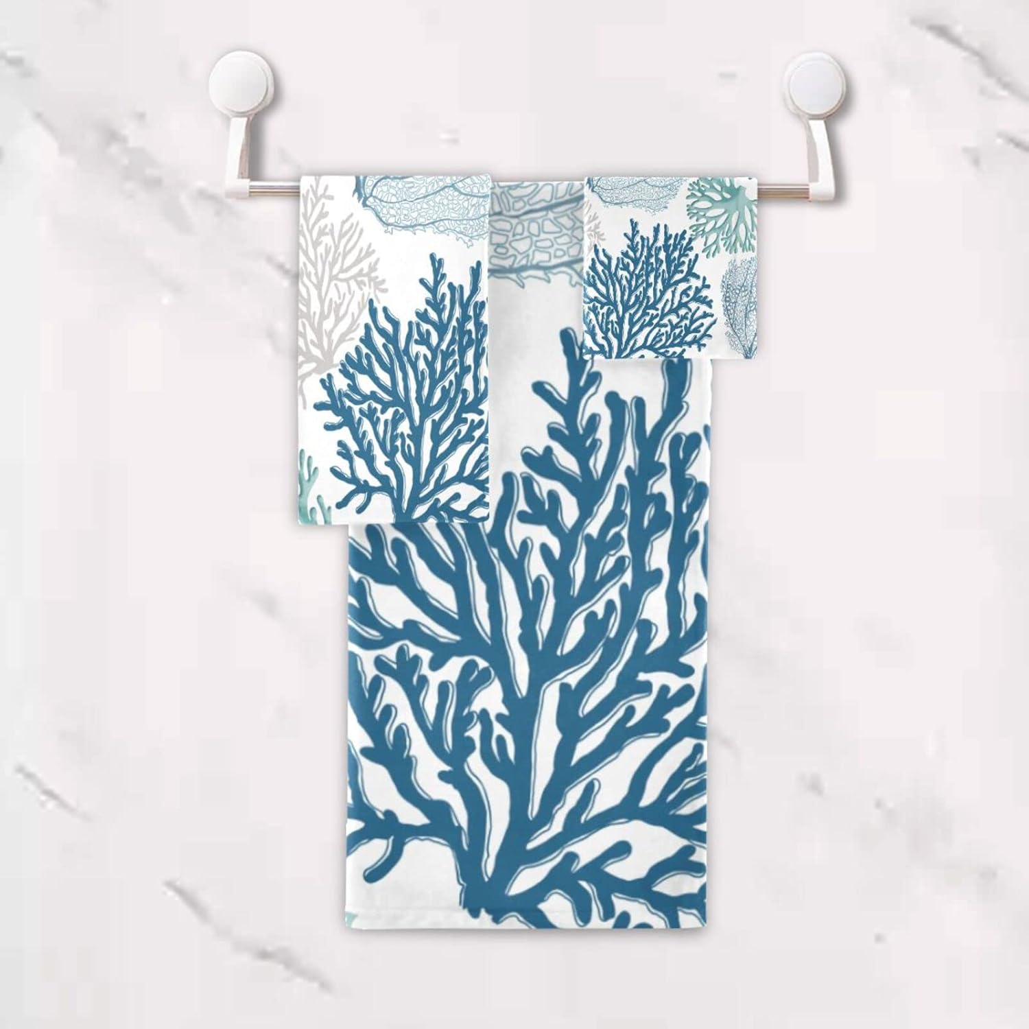 Nautical Blue Coral Bath Towels Set of 3,Coastal Teal Beige Coral,Decoractive Bathroom Towels Set 1 Bath Towel,1 Hand Towel,1 Washcloth,Soft Shower Towels for Bathroom Beach Gym Spa