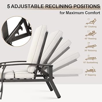Chaise Lounge Chair Outdoor with Wheels, Cast Aluminum Tanning Chair with Beige Cushion, for Outside Beach Patio Pool Lawn with Adjustable 5 Position Recliner, 2 Pack
