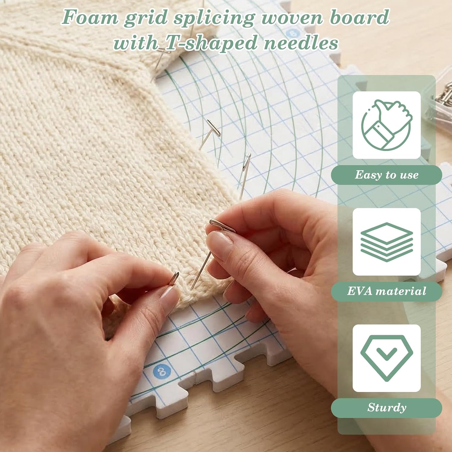 9 Pcs Interlocking Blocking Mats for Knitting and Crochet, Thick EVA Foam Crochet Blocking Board Set with Gridlines, 50 T Pins and Storage Bag