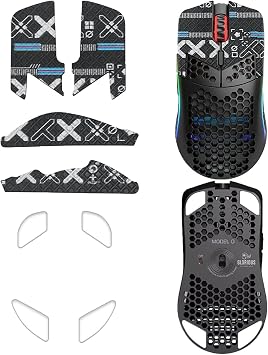 NOUKAJU Mouse Grip Tape Full Coverage for Glorious Model O, Rounded Curved Edges Mouse Feet Skates,Self-Adhesive PreCut Sweat-Resistant Professional Mice Upgrade KitFoot pad + Black Mouse Grip Tape