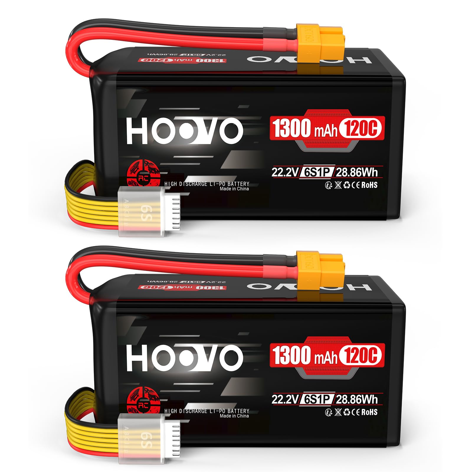 HOOVO 6S Lipo RC Battery 22.2V 1300mAh 120C Lipo Battery Model Building Battery with XT60 Plug Battery Replacement Battery for RC Car Airplane Helicopter Boat Buggy Hobby (2 packs)