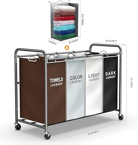 Vista 6 de ROMOON Carrito clasificador de cestas de lavandería: organizador de 4 secciones con ruedas bloqueables de servicio pesado y bolsas extraíbles
