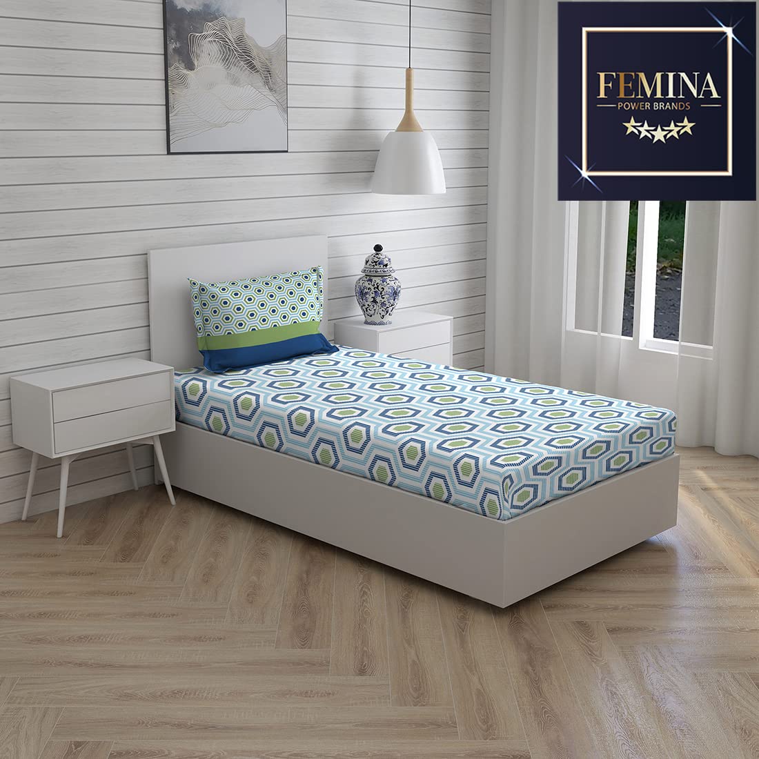 LayersCotton Rich Bedsheet for Single Bed with Pillow Cover, 225 TC (Light Blue Green, Geometric Pattern) Siena Collection, Light Weight, Breathable, Moisture Absorbent, All Season Comfort