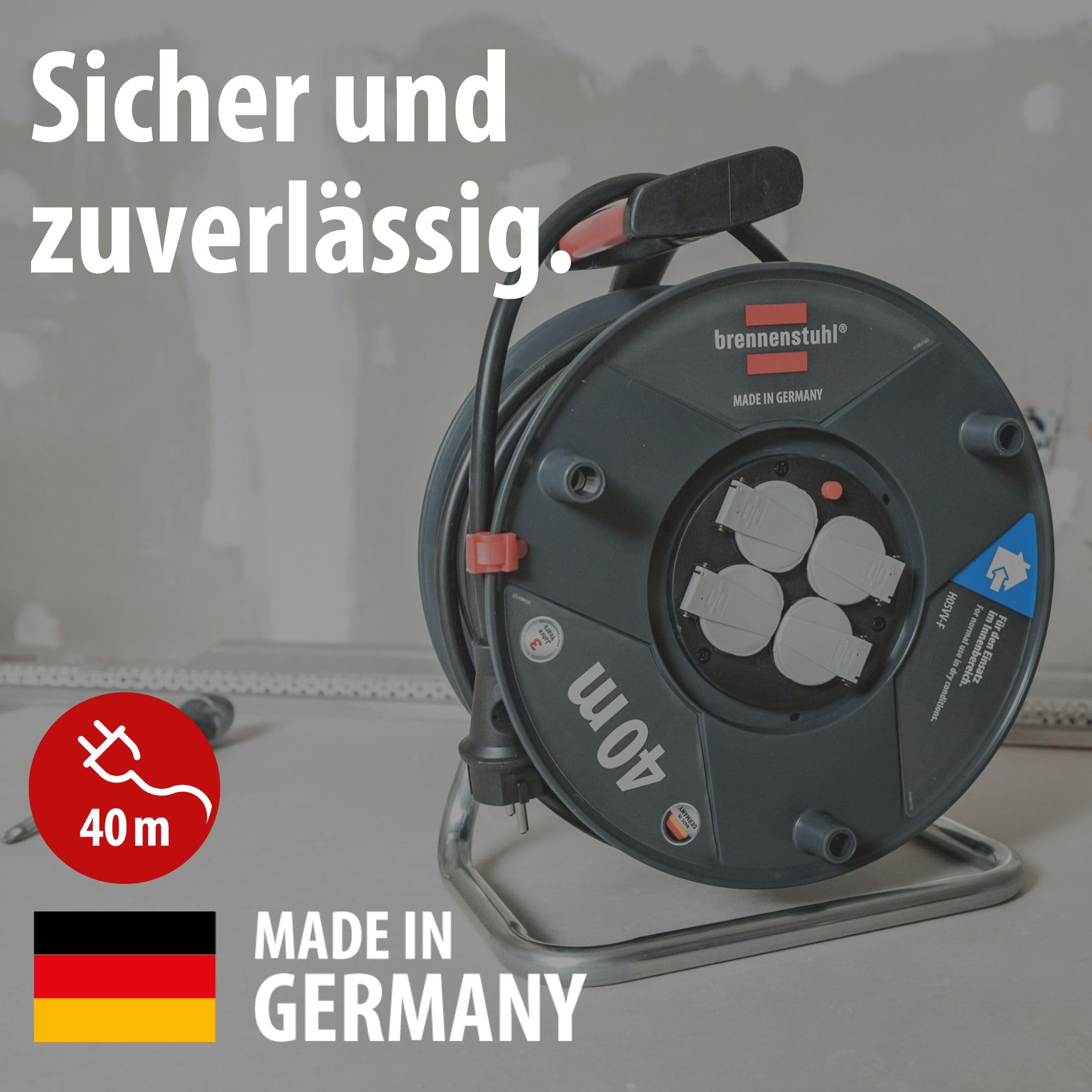 Brennenstuhl Garant V2 Kabeltrommel 40m Kabel (Made in Germany, 4 Schutzkontakt-Steckdosen, Überhitzungsschutz, Trommelkörper aus Spezialkunststoff)