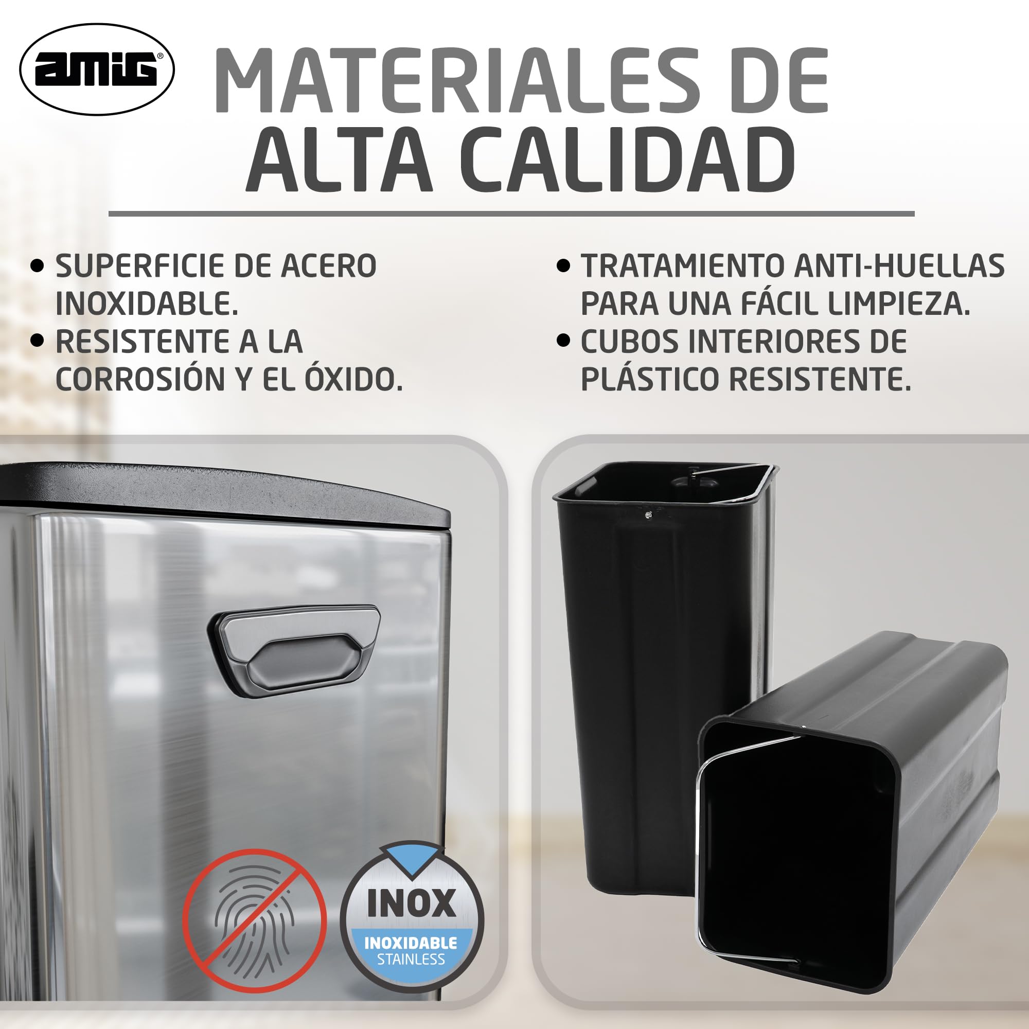 Amig - Cubo de Reciclaje Doble con Pedales Mod. RECIK EVO 40 L - 2 Compartimentos x 20 L - Acero inoxidable - 45 x 30 x 52 cm - Plateado