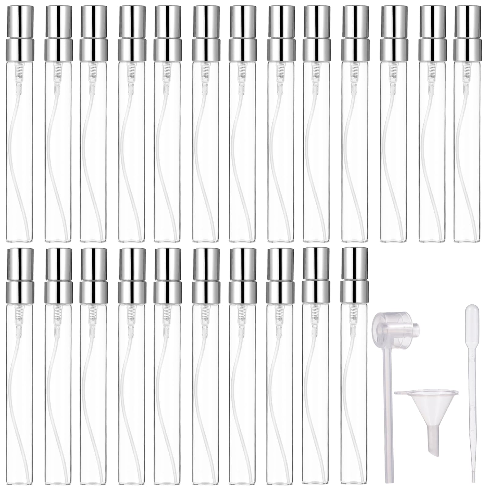 50 Stk. 10 ml Sprühflaschen, Mini Klare Glas Parfümflaschen mit Tropfer, Trichter, Transferwerkzeug, Tragbare Nachfüllbare Sprühbehälter, Feiner Nebel Leere Ätherische Öl Flaschen für Zuhause Reisen