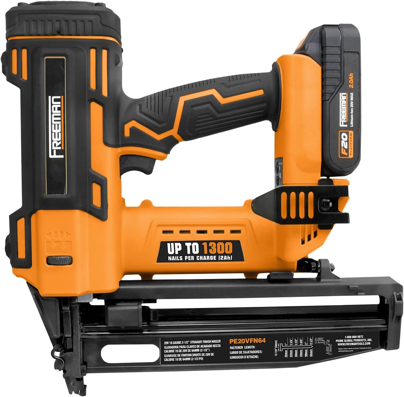 lateral view of the Freeman PE20VFN64 nailer with the 20V Lithium-Ion battery inserted into the handle.
