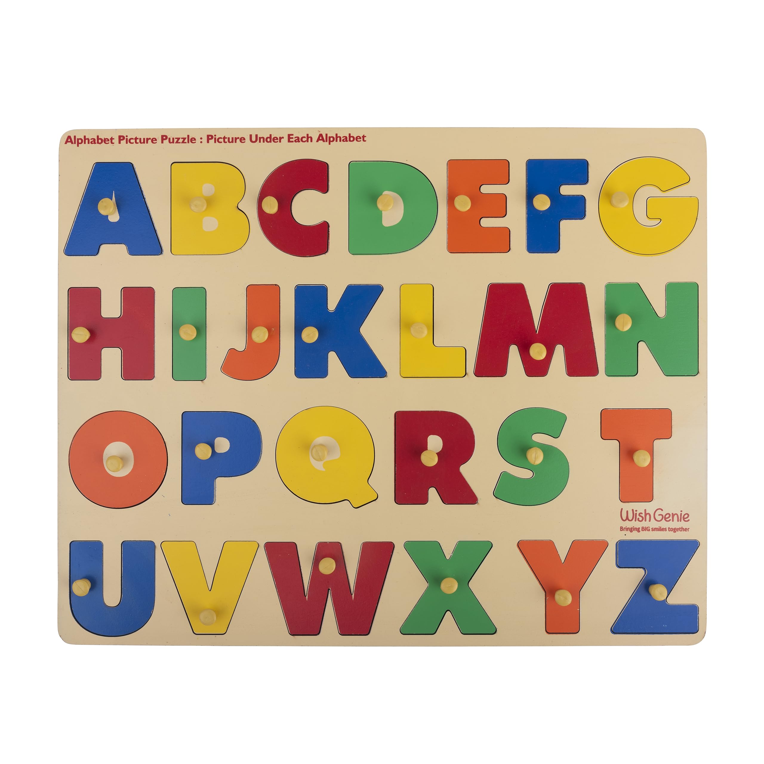 WISH GENIE Wooden English Capital Alphabets Puzzle Pegs with Knob for Children | 26 Piece ABC Puzzle Slot Board – English Uppercase | Multicolour Wooden Alphabet Puzzle Board for 2+ Kids (B0CHW1BBQ3) Amazon Price History, Amazon Price Tracker
