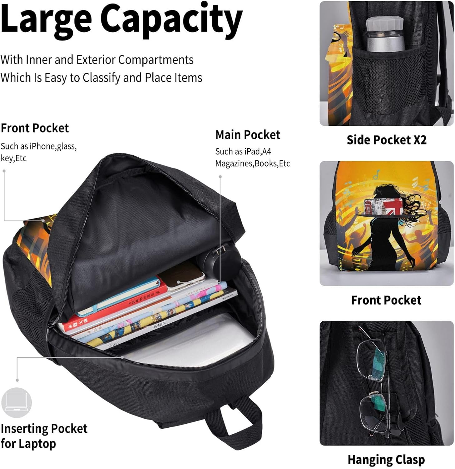 Dance Music Backpack with Lunch Box and Pencil Case Set Large Capacity Casual Daypack Travel Backpack Rucksack image 5